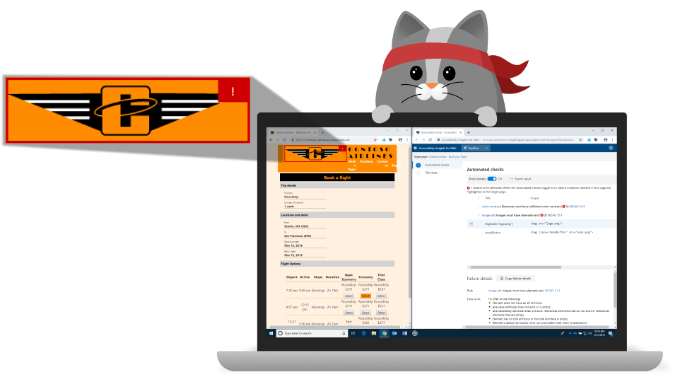 ADA cat hovering over a laptop with an accessibility issue highlighted