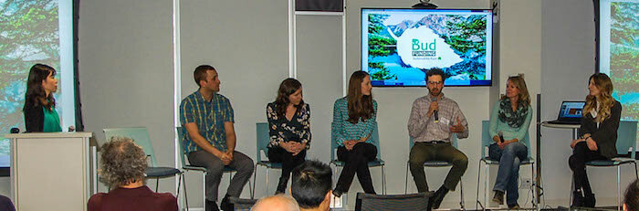From left: Past Co-founder of Budfunding Emma Yang, Founder of True North Produce Ltd. Adam Schwarz, SEDV Masters’ students Stephanie Duncan & Samantha Irwin, Founder of Energy Math Oksana Treacy, and Founder of Budfunding Kristin Skelton