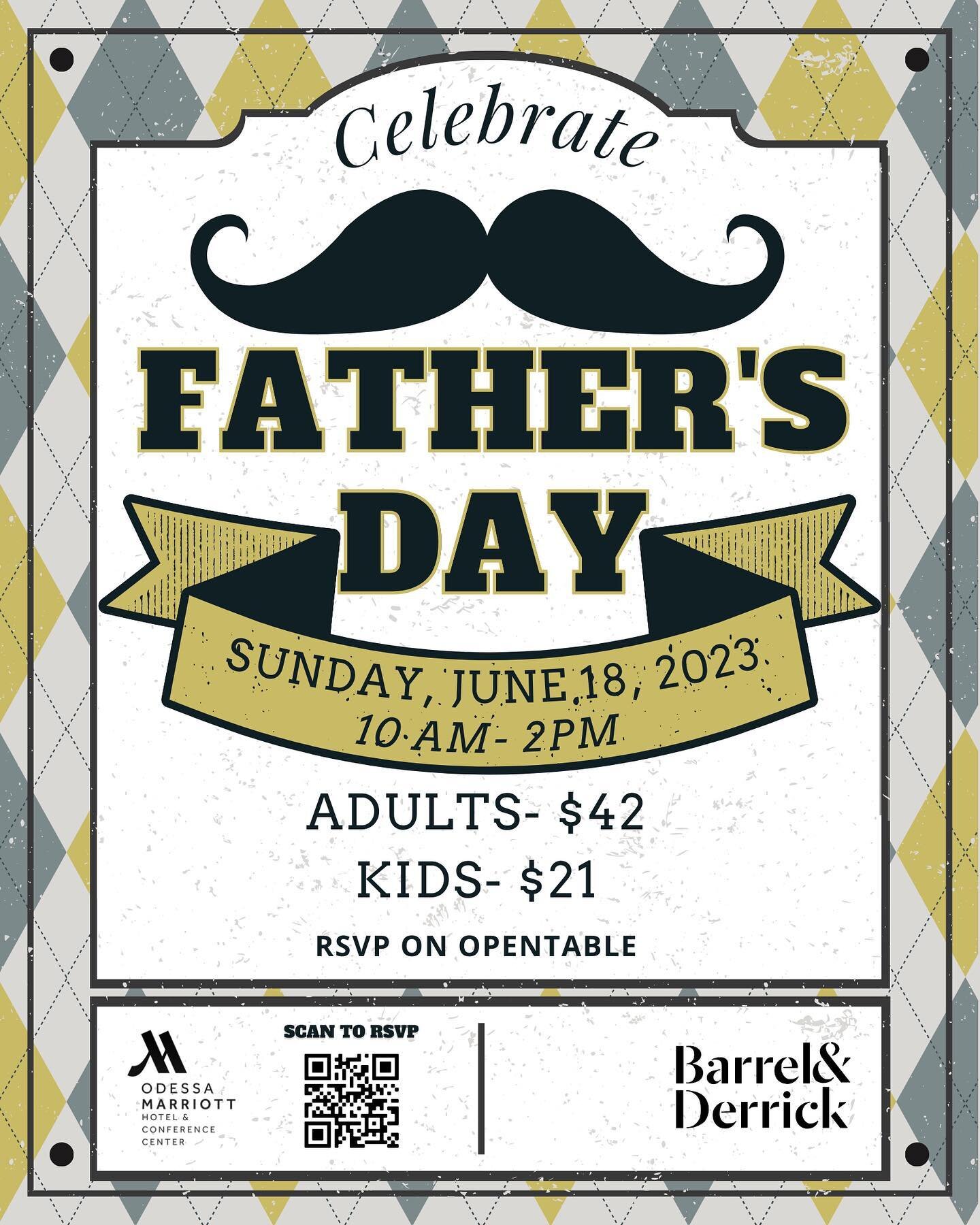 Celebrate with Dad and loved ones this Father's Day Sunday, June 18th, 2023, at Barrel &amp; Derrick 10 AM- 2 PM.

Enjoy a delicious brunch with Dad's favorites prepared by Executive Chef Rakeem and our talented culinary team. 

Make your Barrel &amp