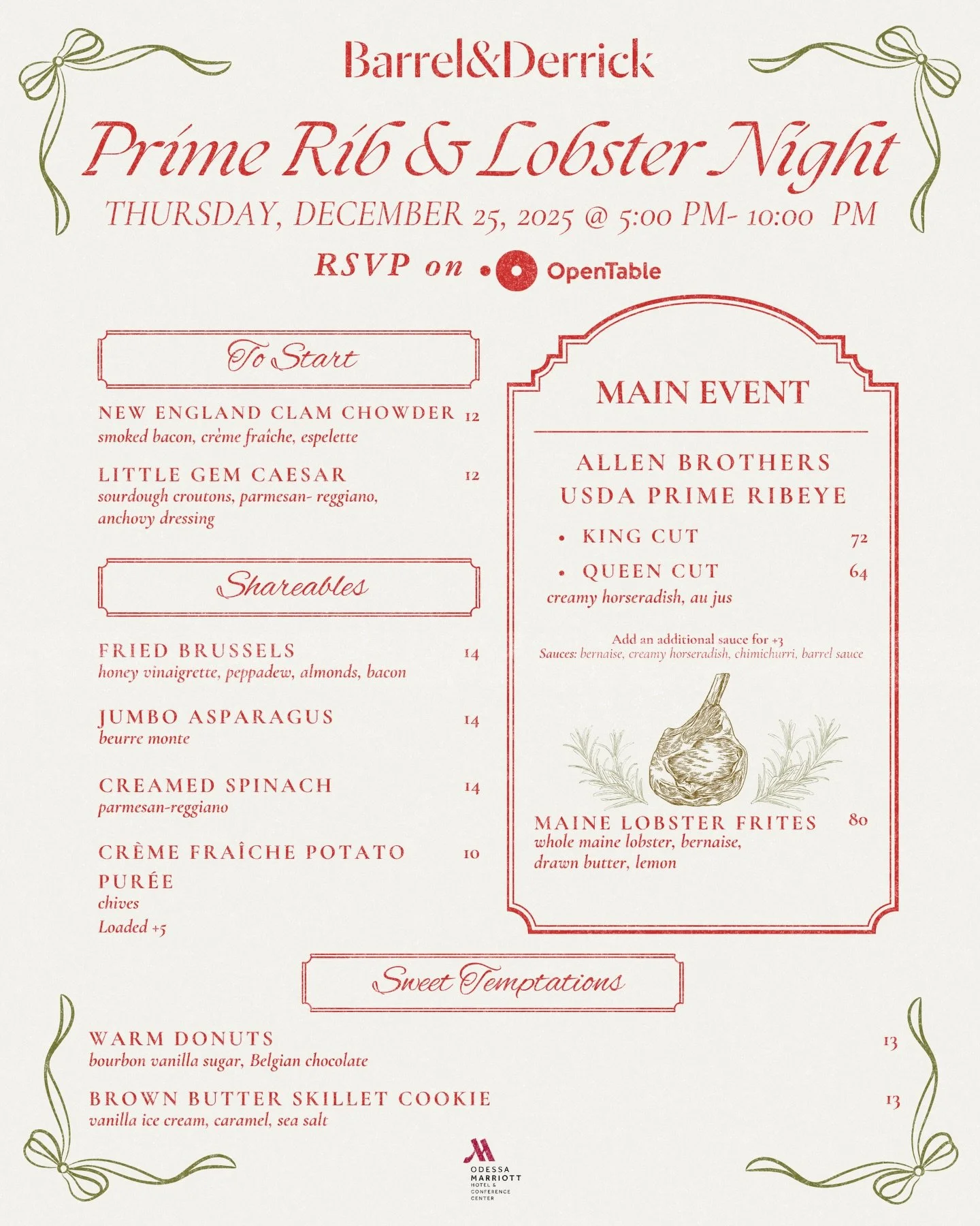 Celebrate the festive season in style at Barrel &amp; Derrick with our Prime Rib &amp; Lobster Night on Thursday, December 25, 2025, starting at 5 PM. Whether you&rsquo;re traveling for the holidays or gathering for a festive family dinner, we invite