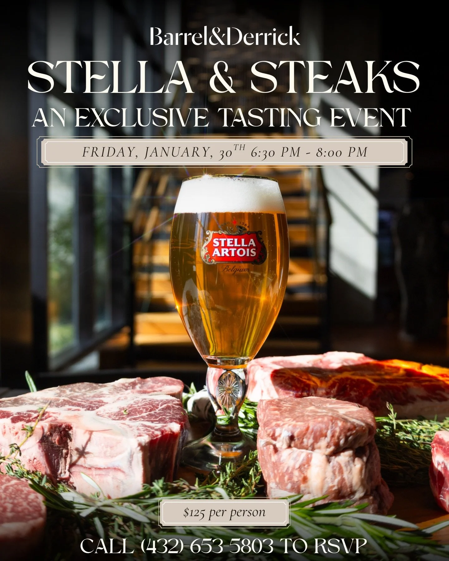 Join us for an unforgettable evening on Friday, January 30th, from 6:30 PM to 8:00 PM at our exclusive Stella &amp; Steaks tasting event. Curated by our award-winning Executive Chef Rakeem, this special evening features a premier collaboration with S