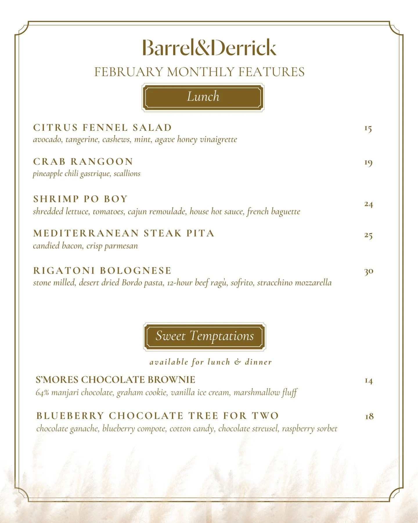 Get ready to elevate your dining experience at Barrel &amp; Derrick with our February Monthly Features! Whether you&rsquo;re planning a casual lunch or a date night, our latest menu items are crafted to tantalize your taste buds and leave you wanting