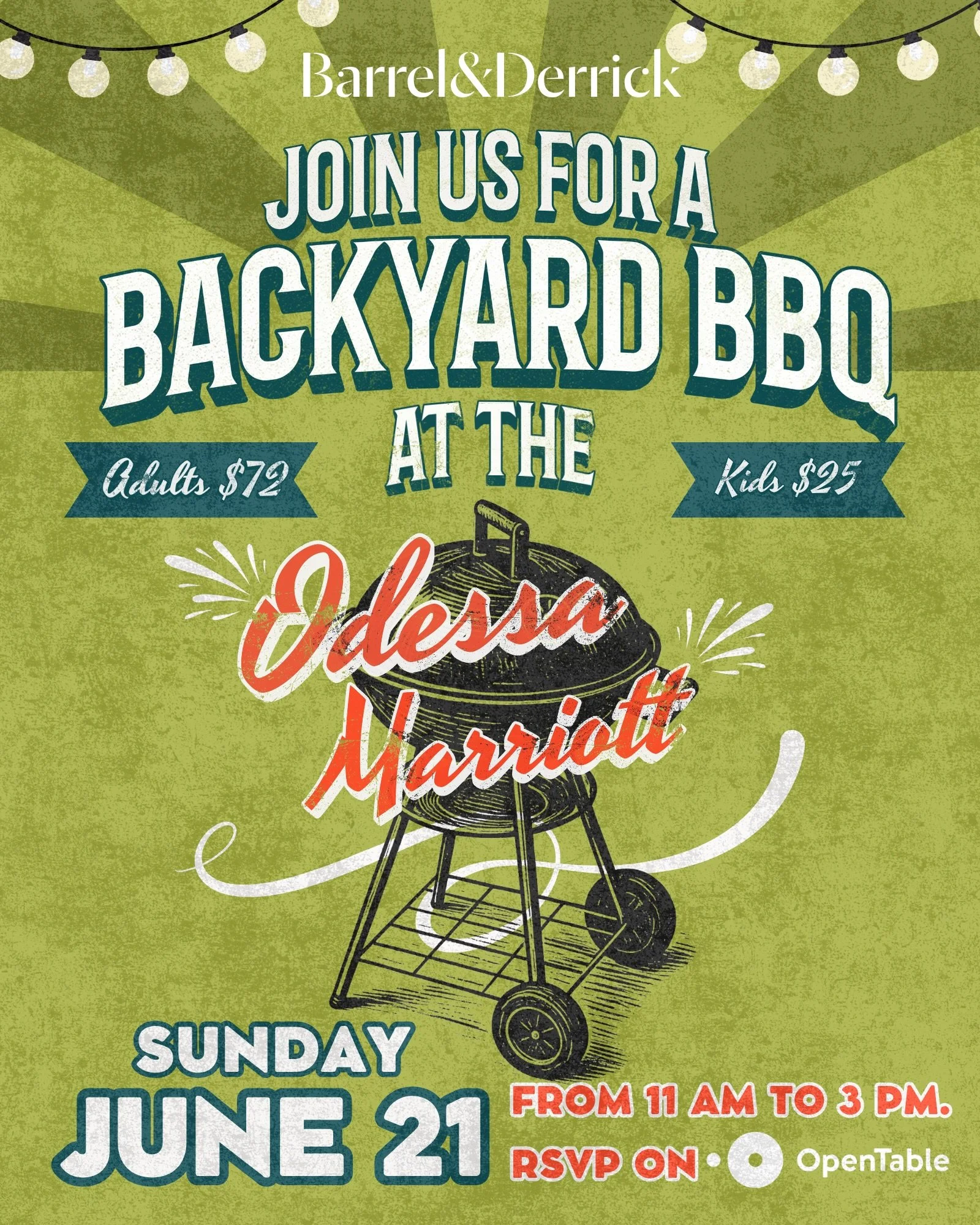 Celebrate the #1 Dad in your life with a classic Backyard BBQ at the Odessa Marriott. Executive Chef Rakeem has curated a delicious lineup of all your barbecue favorites to treat the incredible father figures in your life to a savory lunch.

Kick off