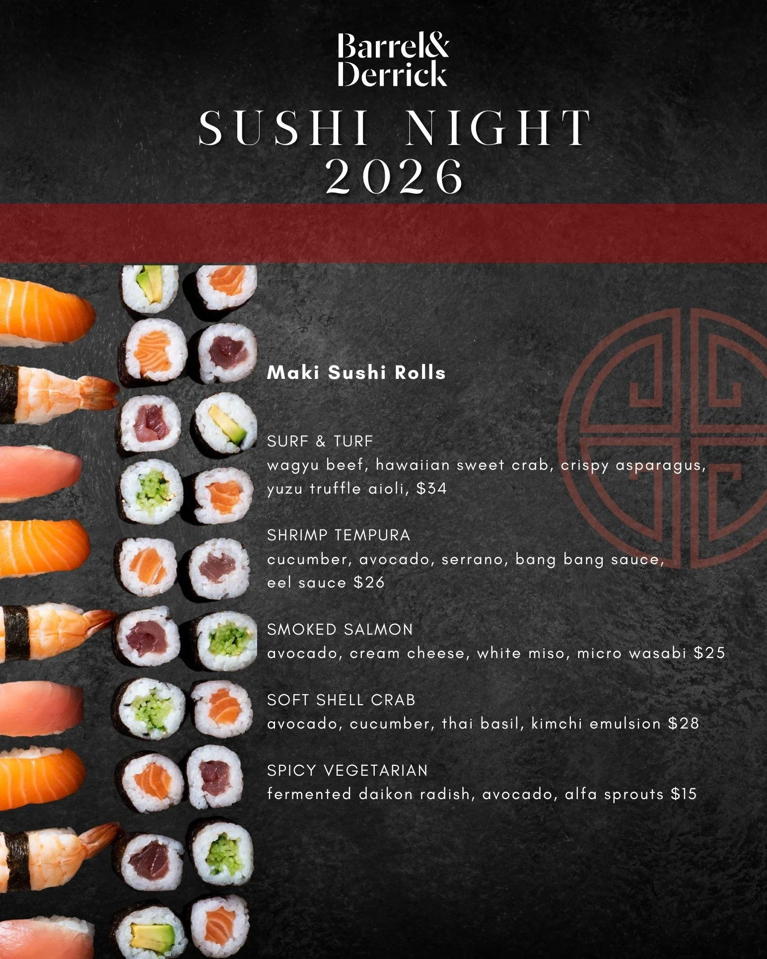 Our 2026 Sushi Night menu is full of beautifully crafted nigiri, sashimi, and specialty sushi that highlights freshness, precision, and authentic Japanese techniques. Tables at Sushi Night fill up quick! Make your reservations today on Opentable.
www