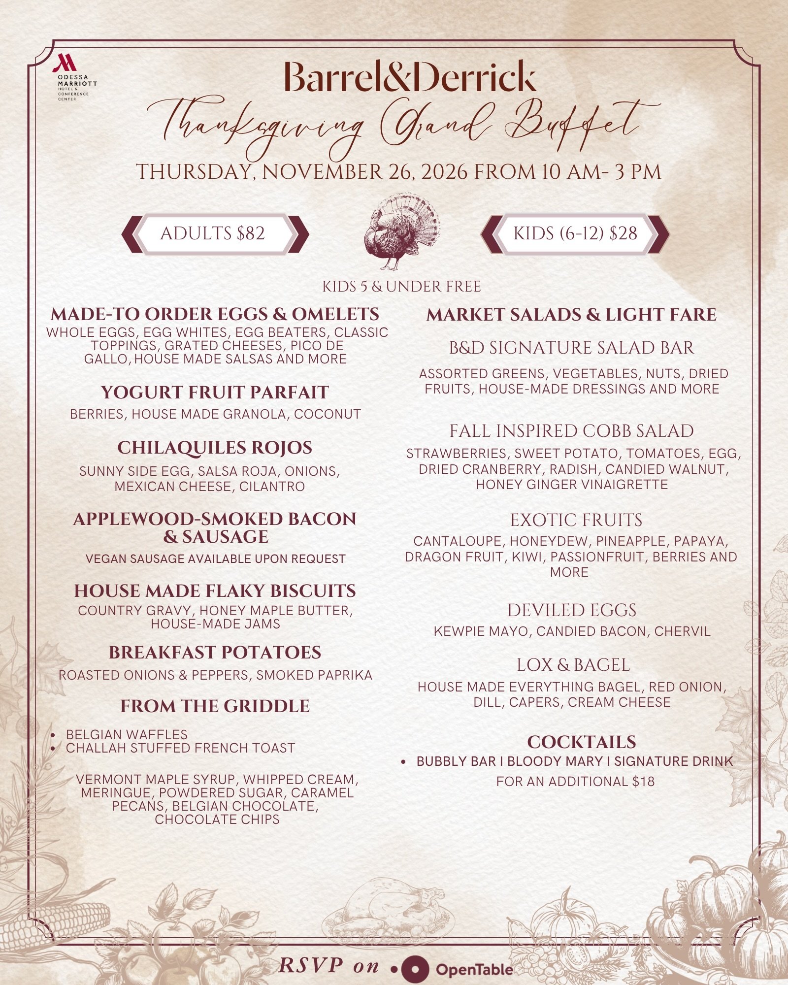 Gather your family and friends for a joyful Thanksgiving celebration at Barrel &amp; Derrick! Join us for a relaxed and festive Thanksgiving Brunch on Thursday, November 26th, 2026, from 10 AM to 3 PM.

Discover brunch favorites at our Live Action Om
