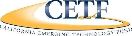 California Emerging Technology Fund logo with a yellow swirl around a blue acronym CETF.