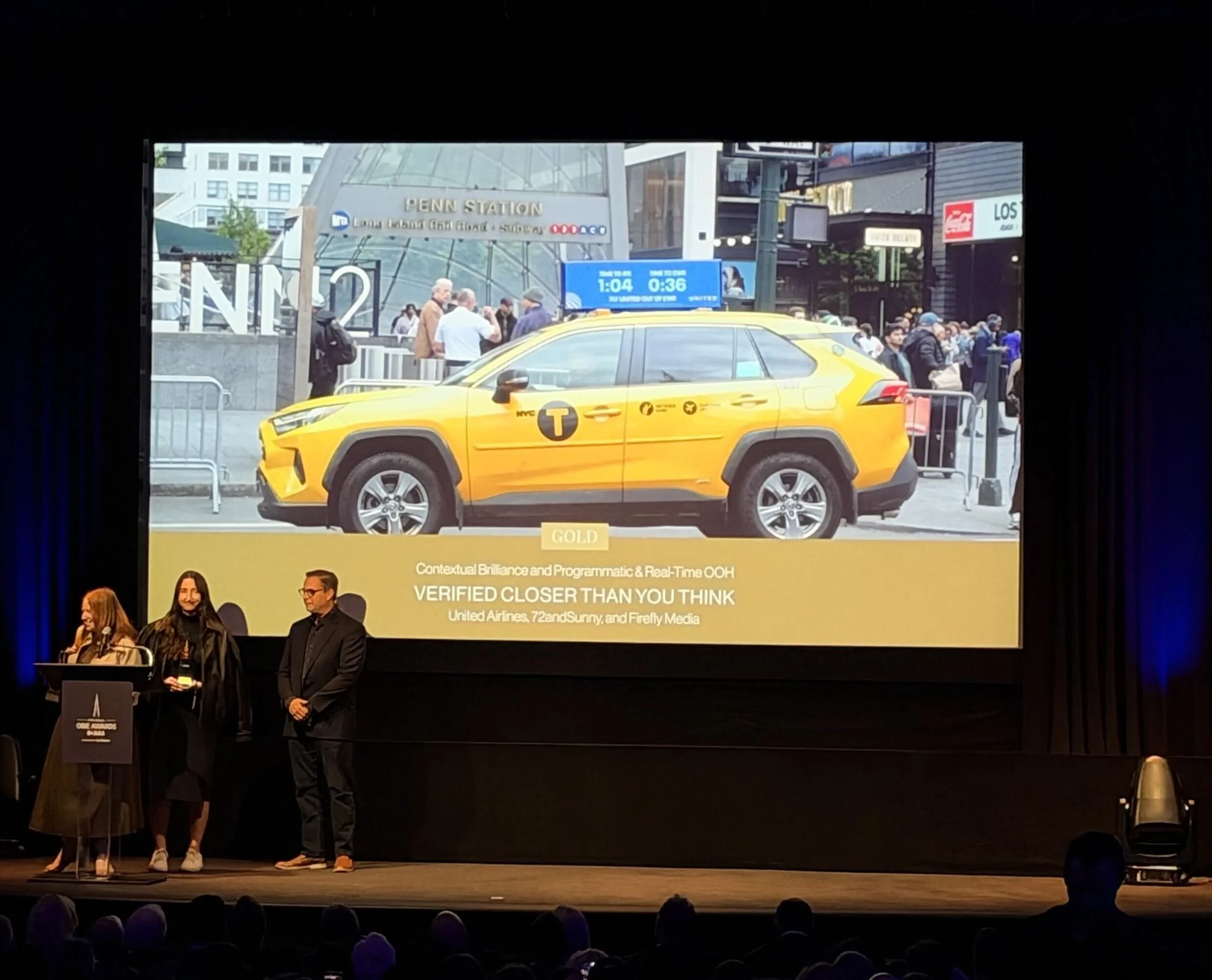 2026 OBIE Awards ceremony at MoMA, winners on stage as the Verified Closer Than You Think campaign for United Airlines is shown