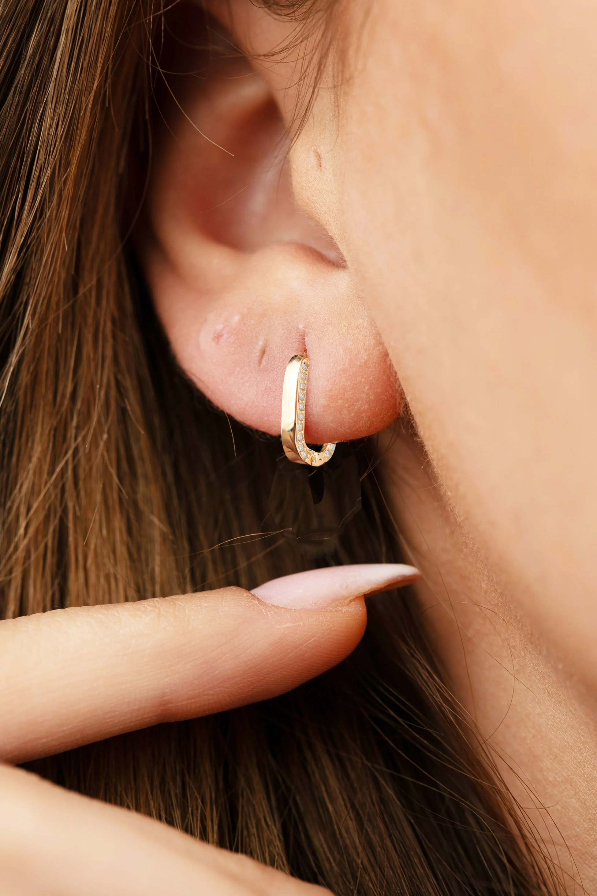 14K Gold Huggie U Earrings with Sparkle Stones