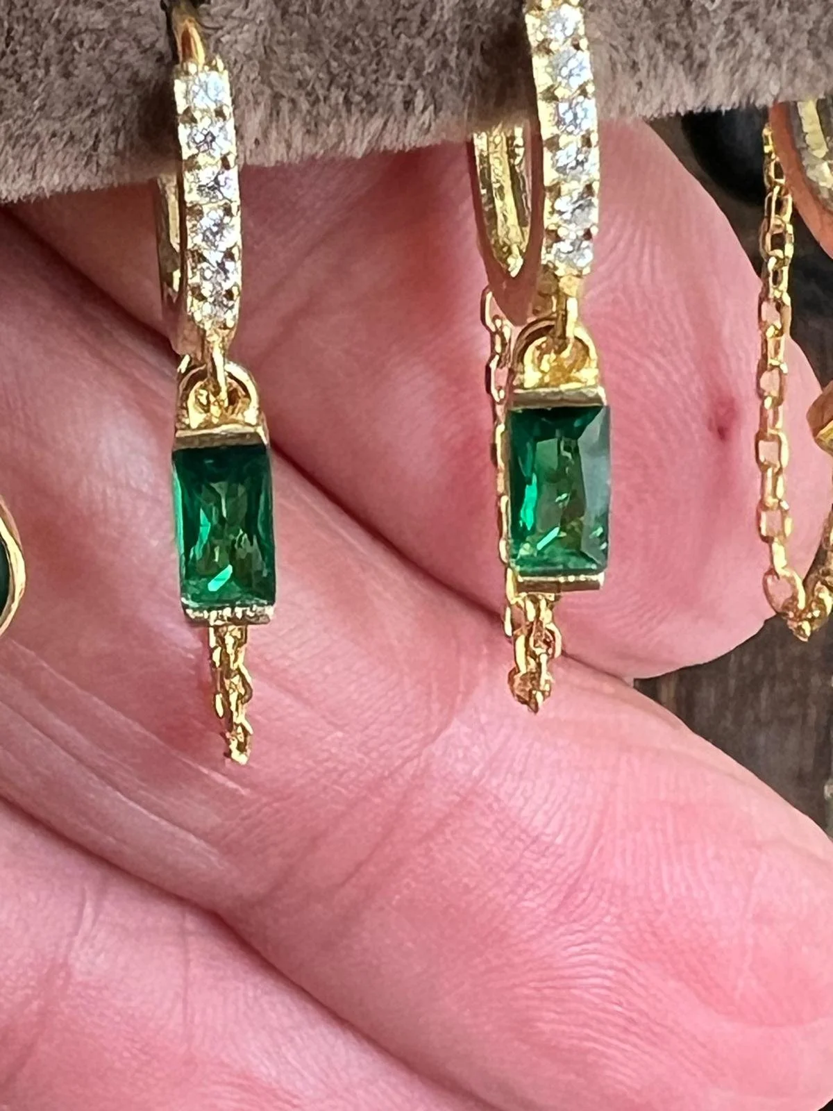 Gold Plated Sterling Silver Huggie Earrings with Emerald-Cut Green Stone