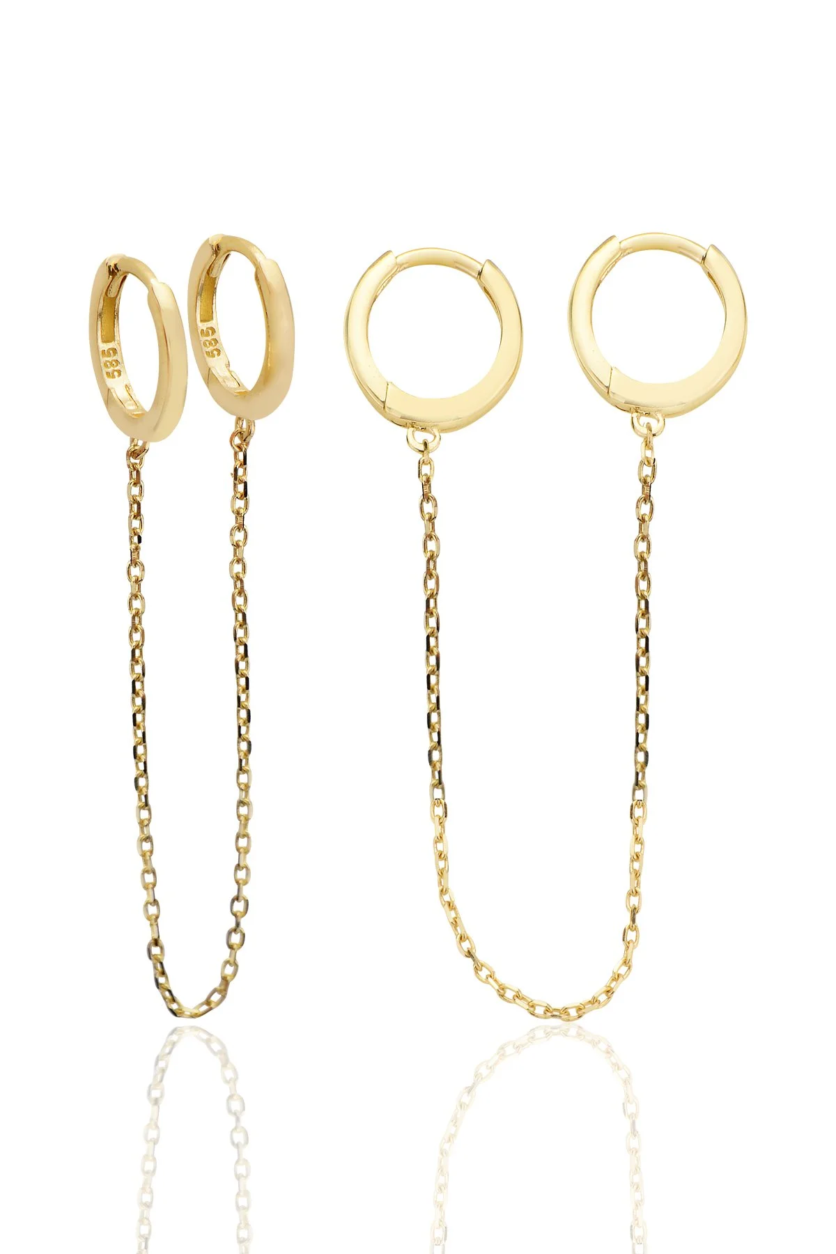14K Gold Double Rings with Chain Huggie Delicate Earrings