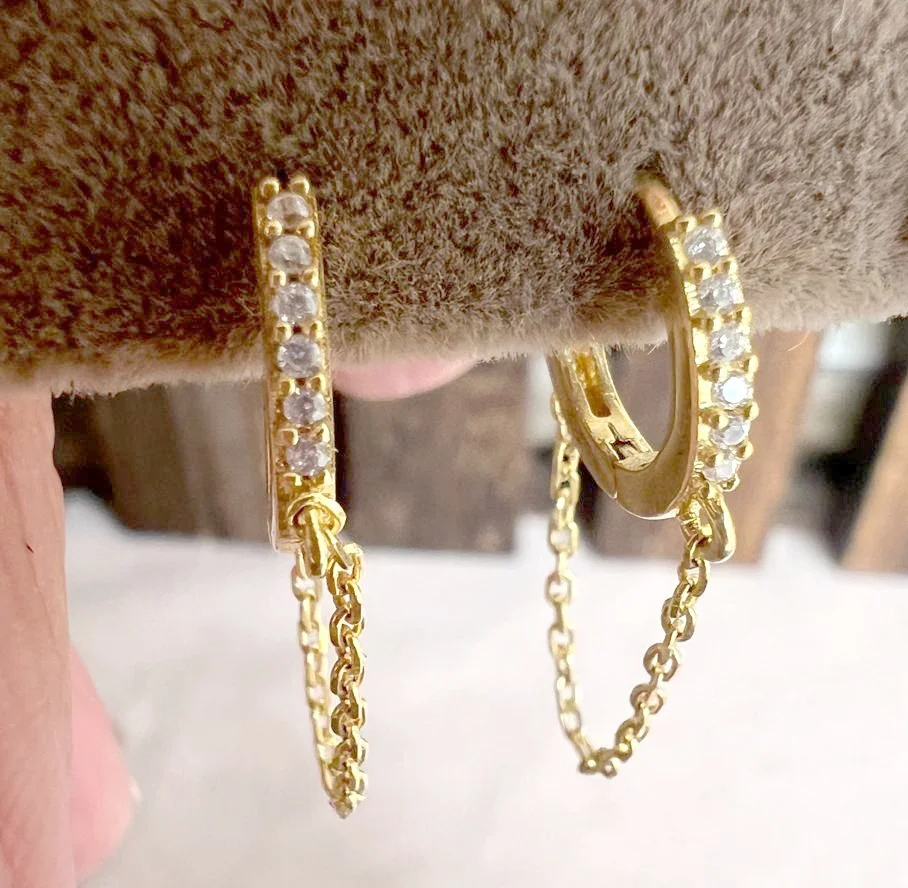 Gold Plated Mini Huggie Earrings with Chain.jpeg