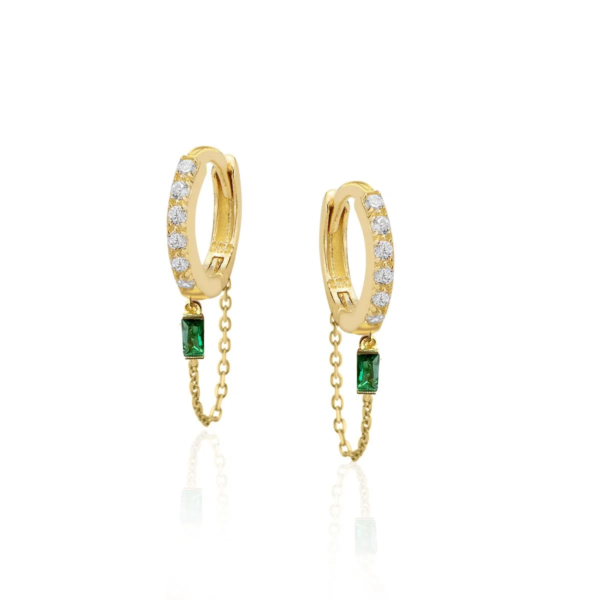 Gold Plated Sterling Silver Huggie Earrings with Emerald-Cut Green Stone