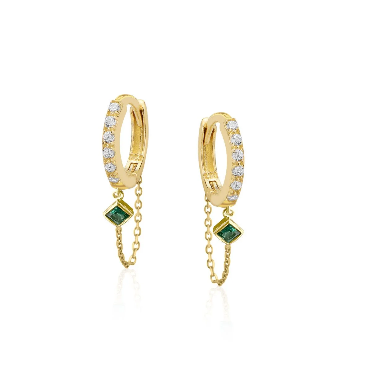 Gold-Plated Sterling Silver Huggie Earrings with CZ Accents and Square Green Stone Charm.jpg