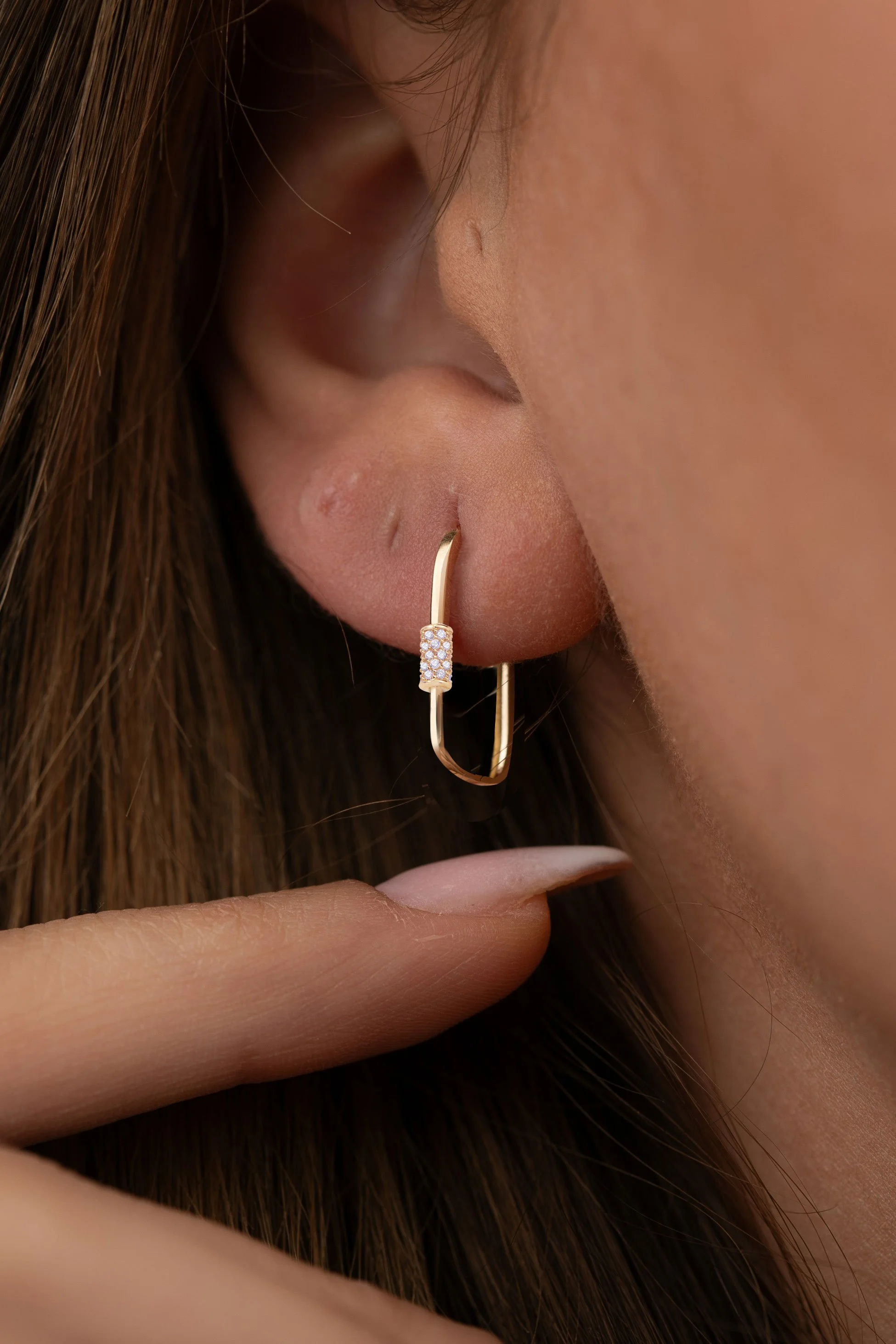 14K Gold Huggie U Shape Modern Minimalist with Stones Earrings