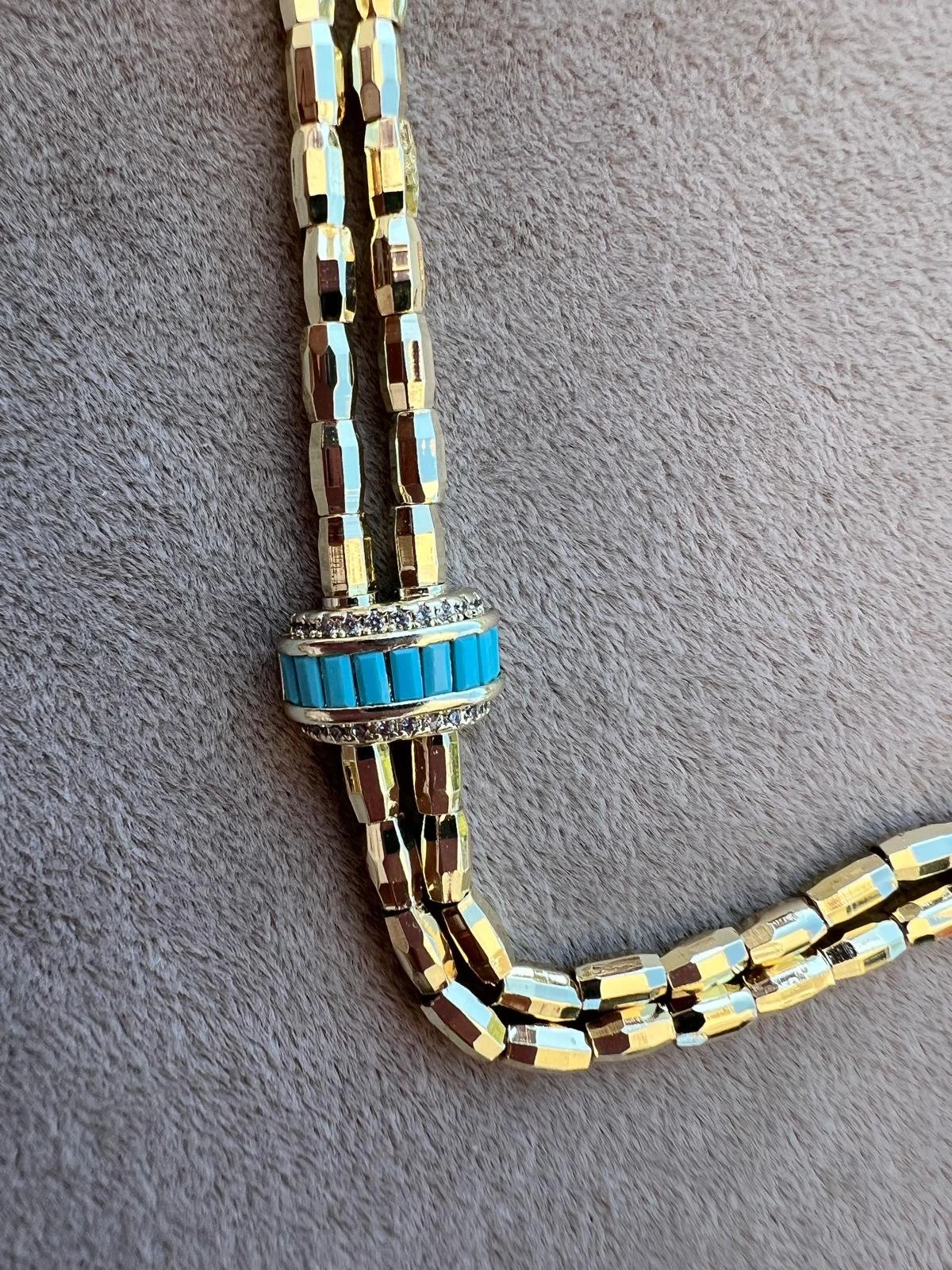 Stainless Steel Double Chain Necklace with Blue Turquoise Accent