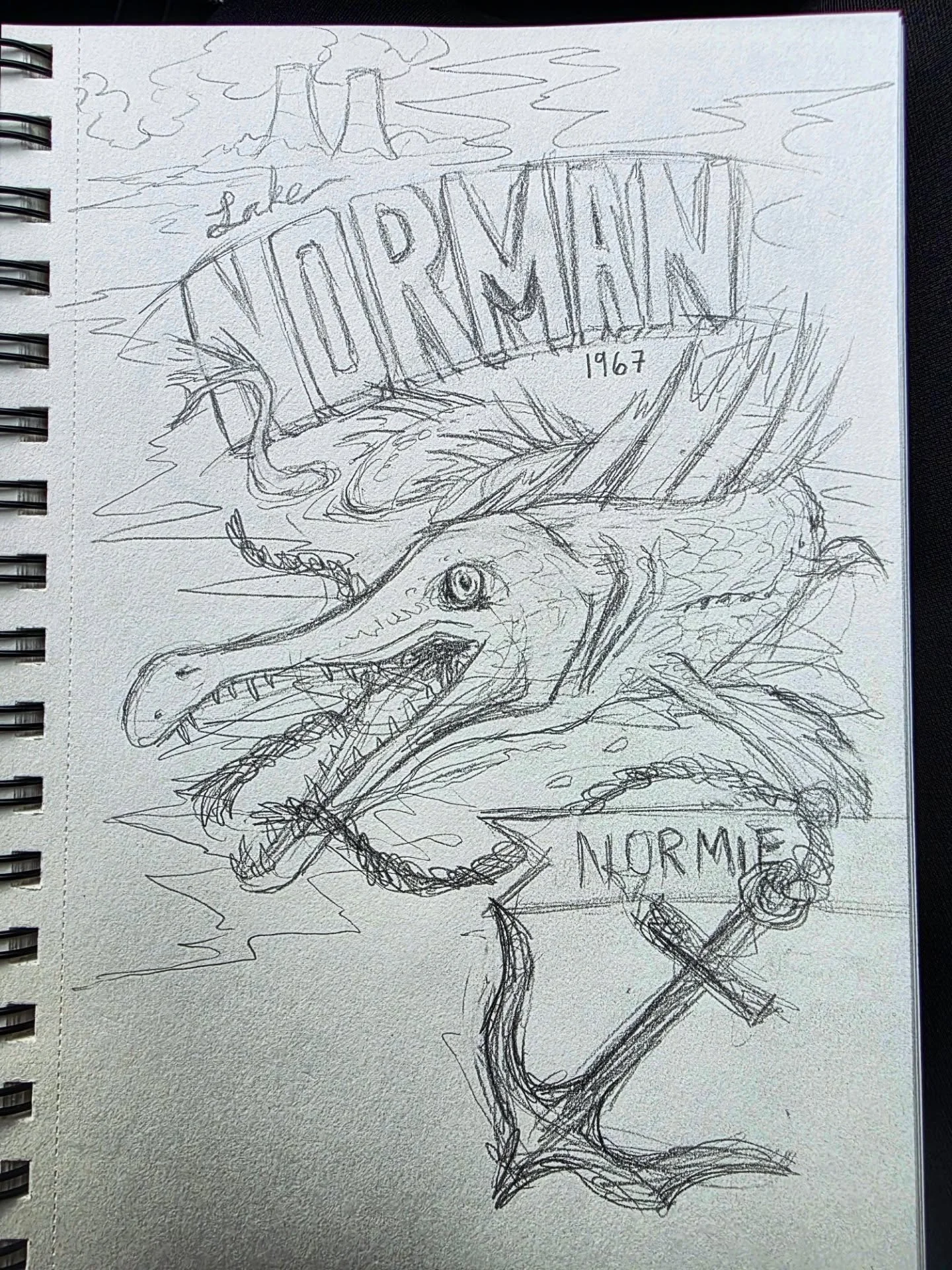 Rough sketch of Normie, an American Lake Monster, drawn on the (bumpy 💀 mountainous 💀 twisty 💀) road! 
.
.
"Normie" is the nickname for a legendary creature, often called the Lake Norman Monster, said to inhabit North Carolina's largest 
