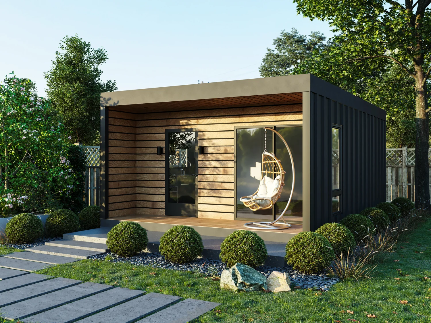 Rendering of a Bay Modular studio ADU with wood siding, a covered porch, and a landscaped backyard path