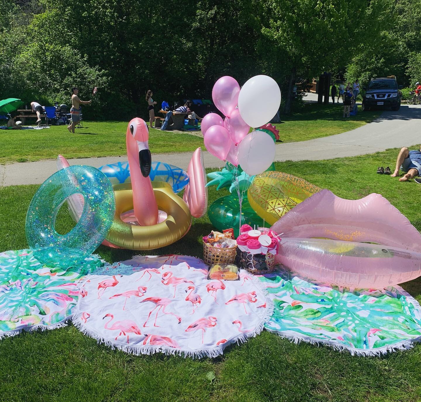 Beach Party Season Is ON!!! 🏖 🦩 ☀️ #bachelorette #bacheloretteparty #beachelorettebeachparty #flamingo #whistlerbc #summervibes #mountainlife #bridetobe #girlsparty #sunshine