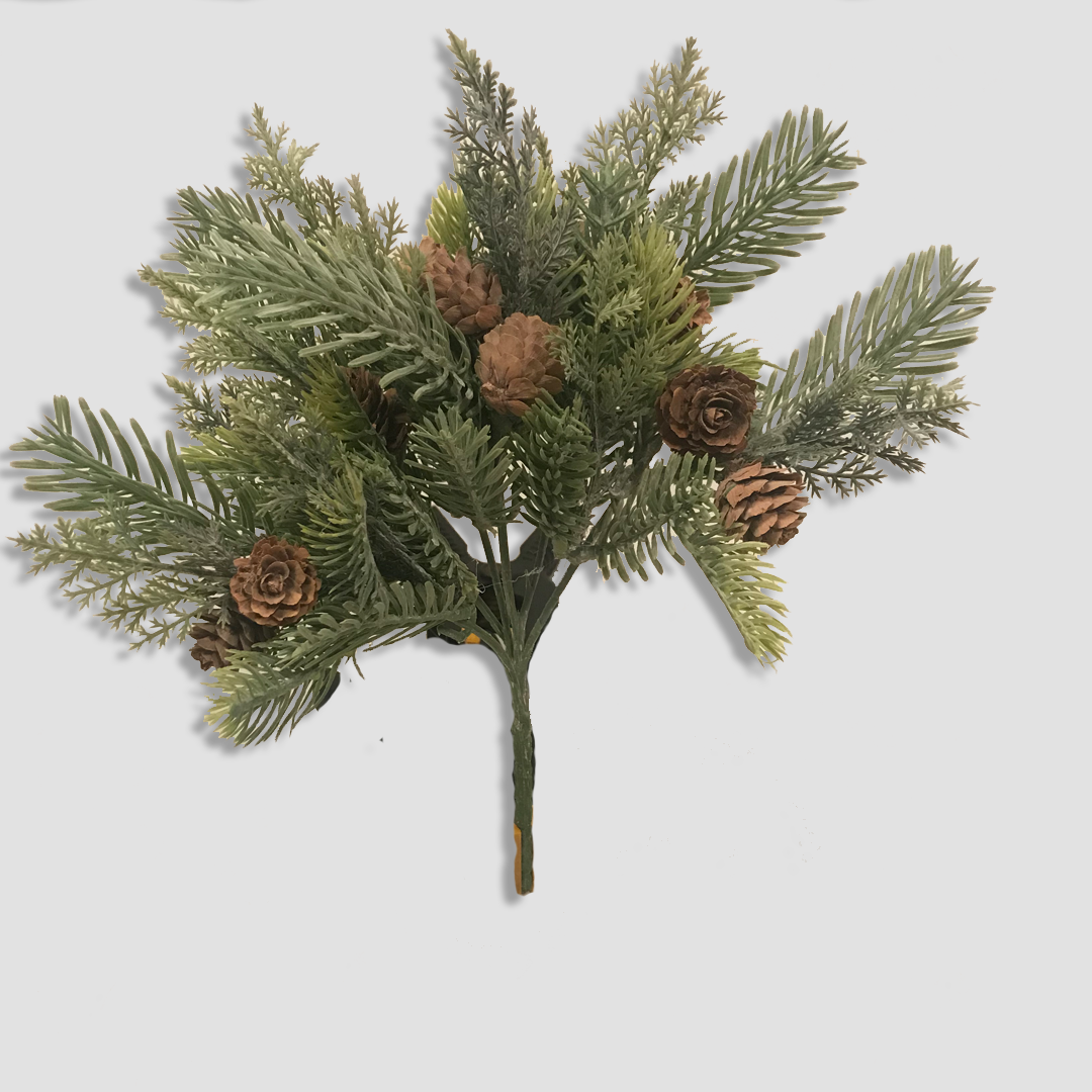 12" Frosted Needle Pine Bush with Pine Cones