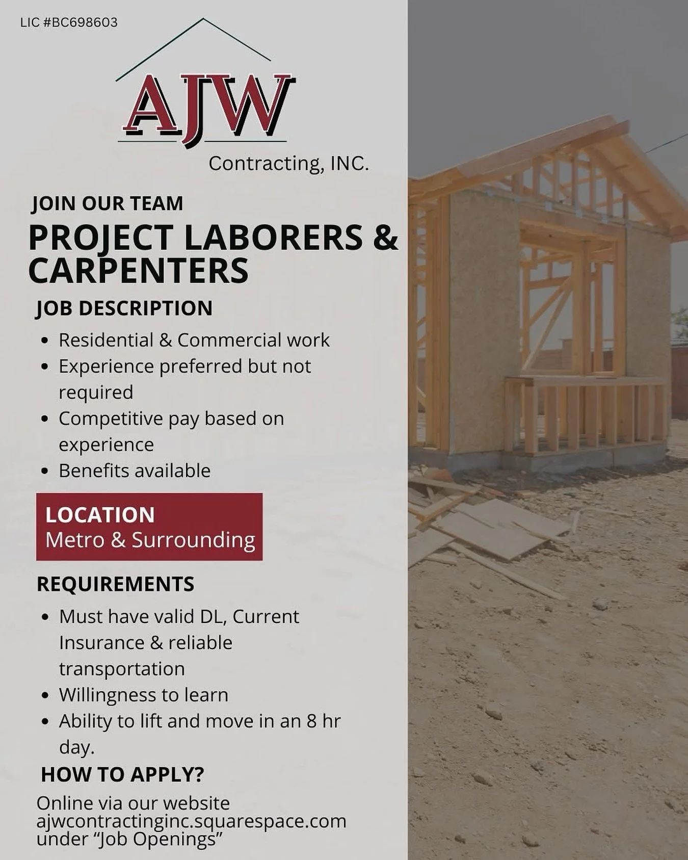 Now hiring! 🔨

AJW Contracting is looking to add Project Laborers &amp; Carpenters to their team &mdash; perfect for summer help and beyond for the right fit.

Whether you&rsquo;ve got experience or are ready to learn, this is a great opportunity to