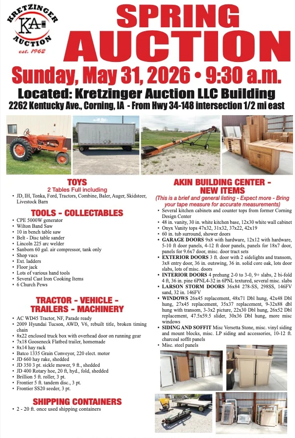Spring Auction May 31st at Kretzinger Auction LLC