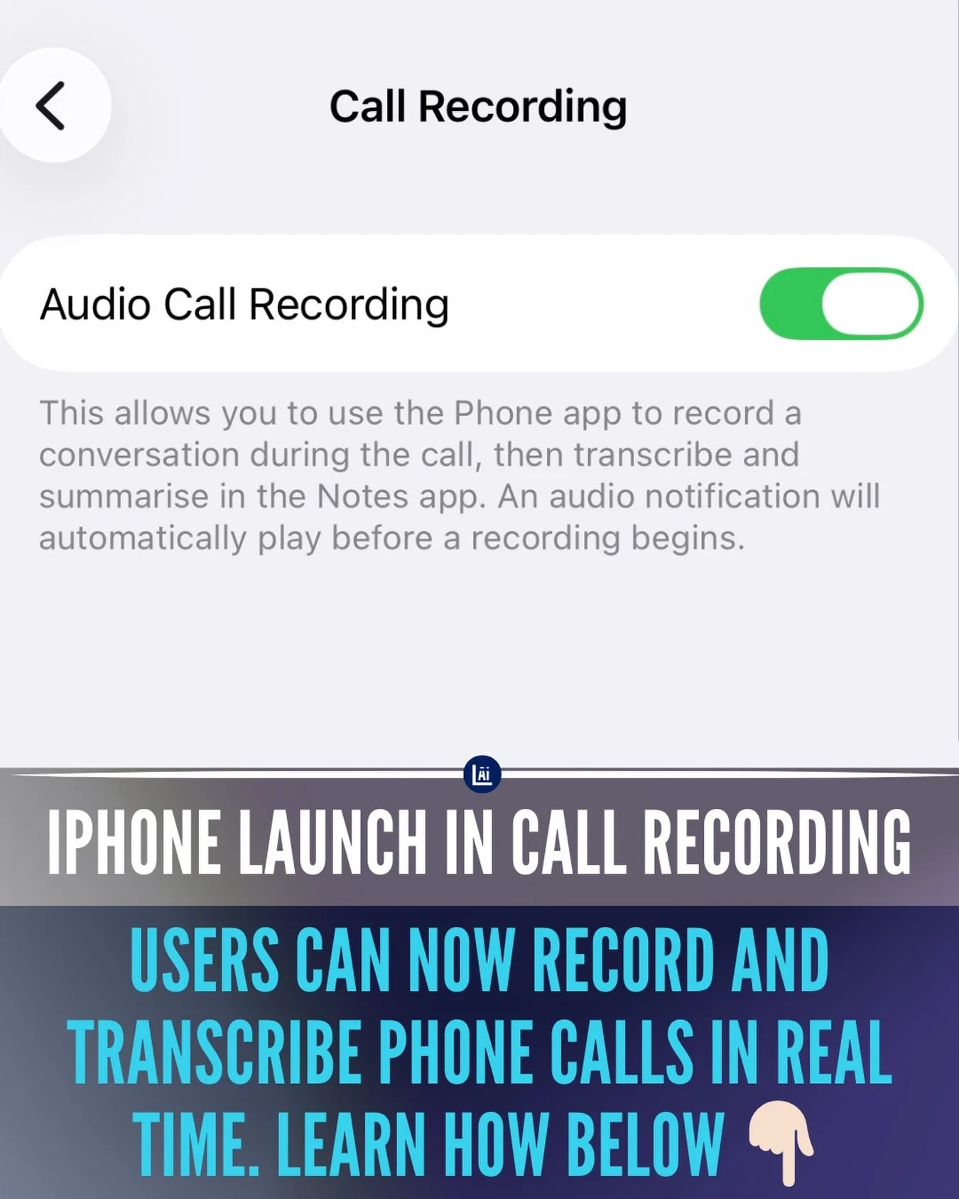 iPhone now lets you record and transcribe phone calls natively. No third party apps required.
- First, download the latest update and enable it in Settings &rarr; Phone &rarr; Call Recording.
- During a live call, tap more and / or Record in  the cal