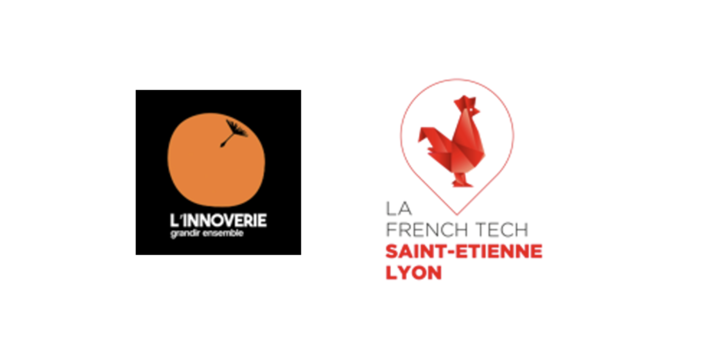 Deux logos, l'un avec une orange et le texte 'L'INNOVERIE grandir ensemble', l'autre avec une tête de coq en style origami dans un cœur et le texte 'LA FRENCH TECH SAINT-ETIENNE LYON' en dessous.