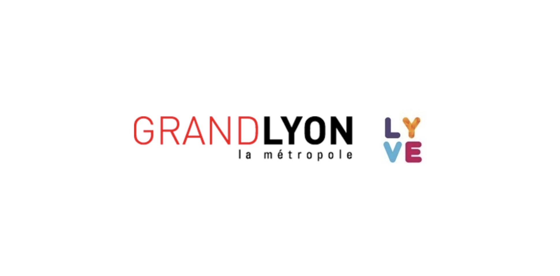 Deux logos avec le texte "GrandLyon" en noir et rouge, suivi de "la métropole" en noir, et le mot "LYVE" en lettres colorées (violet, bleu, orange, magenta), où le 'Y' est stylisé comme un oiseau en orange.