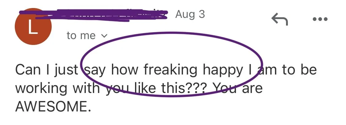 Screenshot of an email: "Can I just say how freaking happy I am to be working with you like this??? You are AWESOME." From a Copy Mining (Nurture Emails Made Easy!) client.