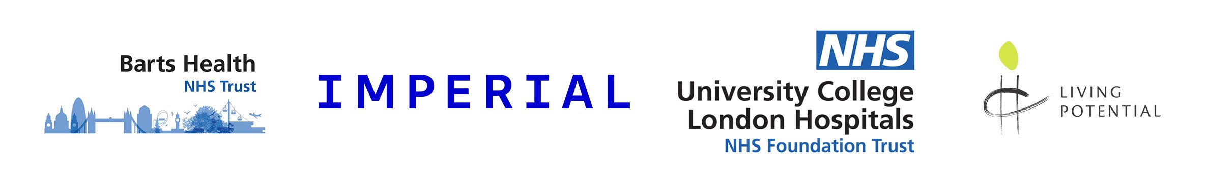 Logos of the programme's associate organisations: Barts Health NHS Trust, Imperial, University College London Hospitals NHS Foundation Trust, and Living Potential.