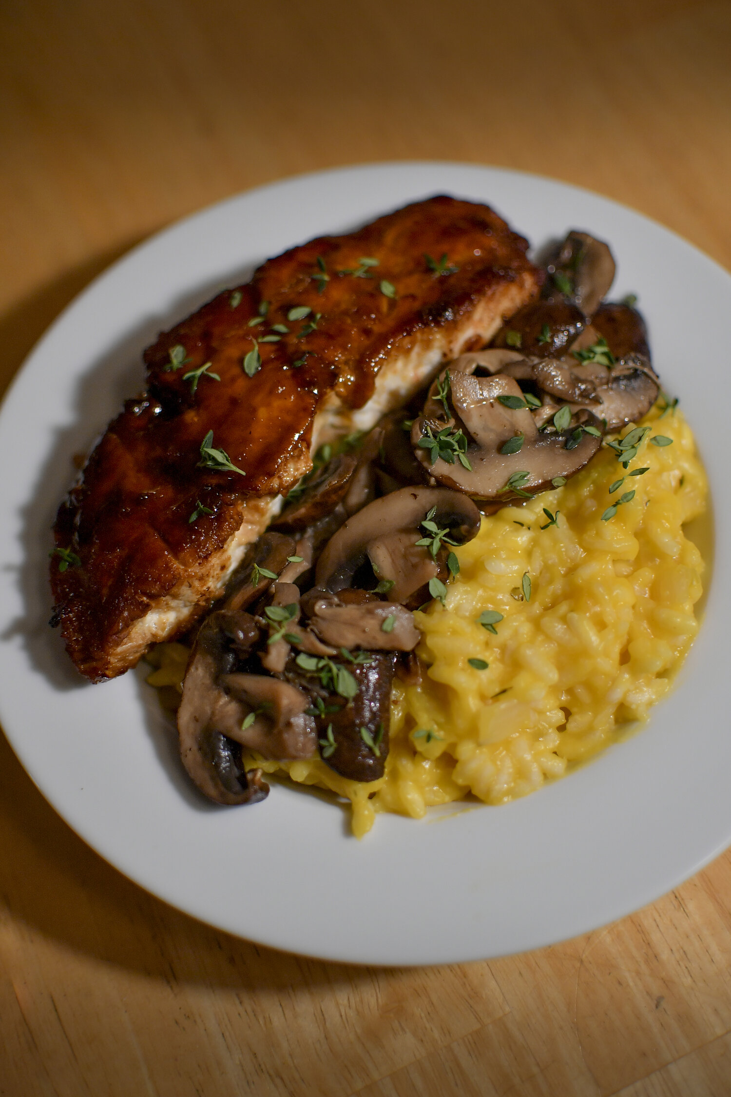 Butternut Squash and Mushroom Risotto with Honey Bourbon Salmon