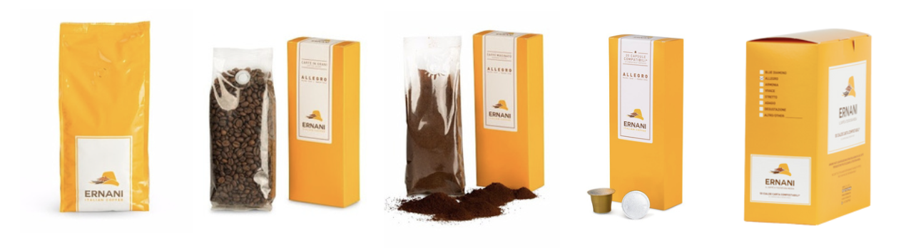 Een reeks van koffie gerelateerde producten, inclusief koffiebonen, geseald koffiepoeder, gemalen koffie en koffie capsules, allemaal van het merk Ernani.