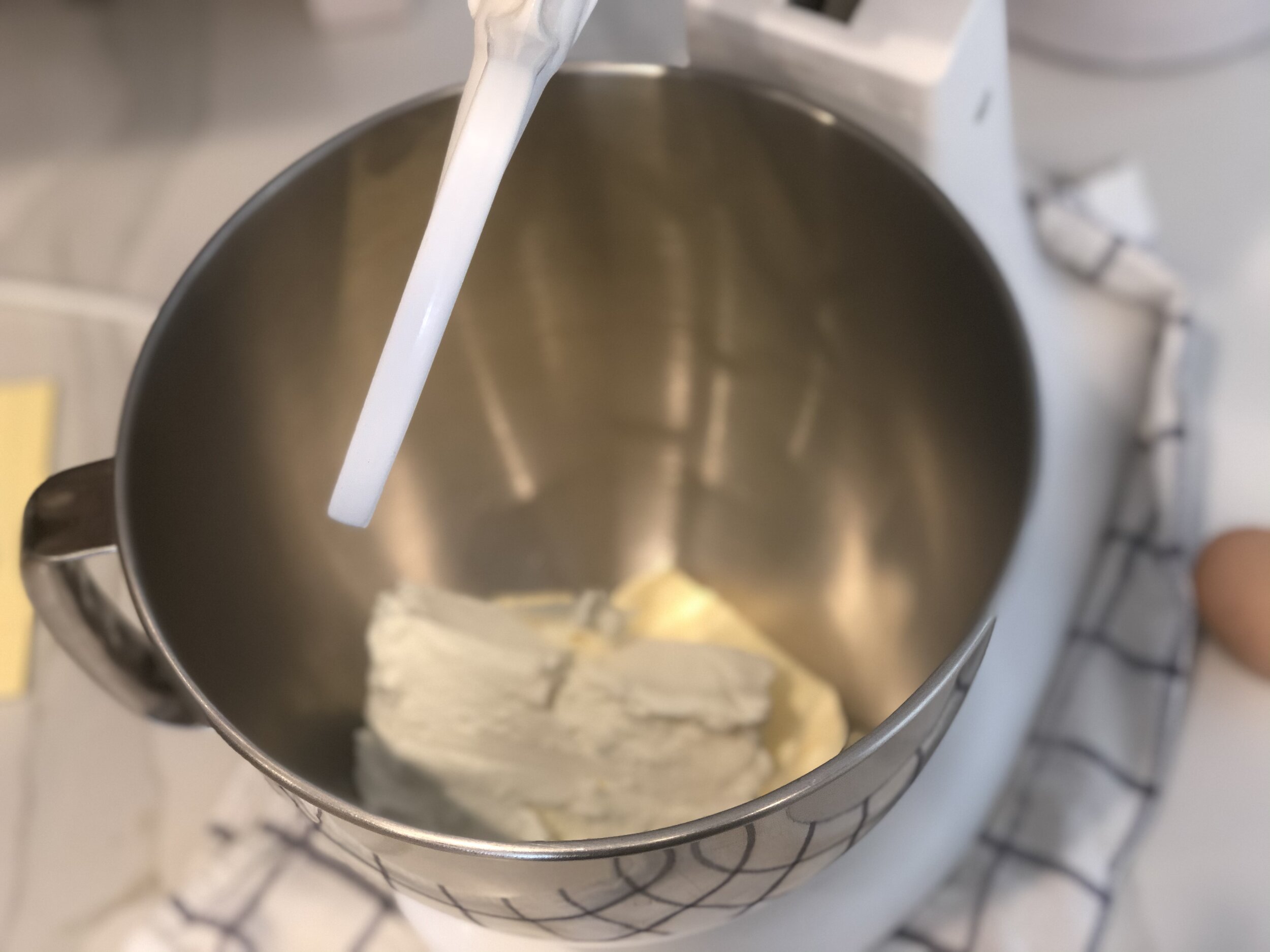  Butter and cream cheese in the mixer. 