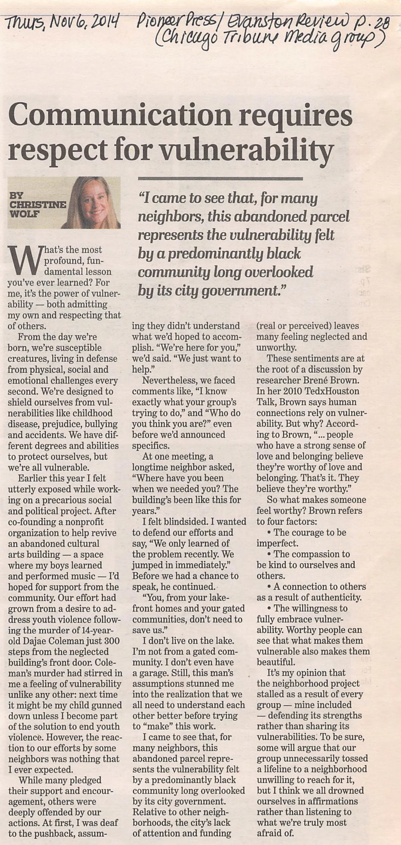 Newspaper column by memoir coach and former columnist Christine Wolf