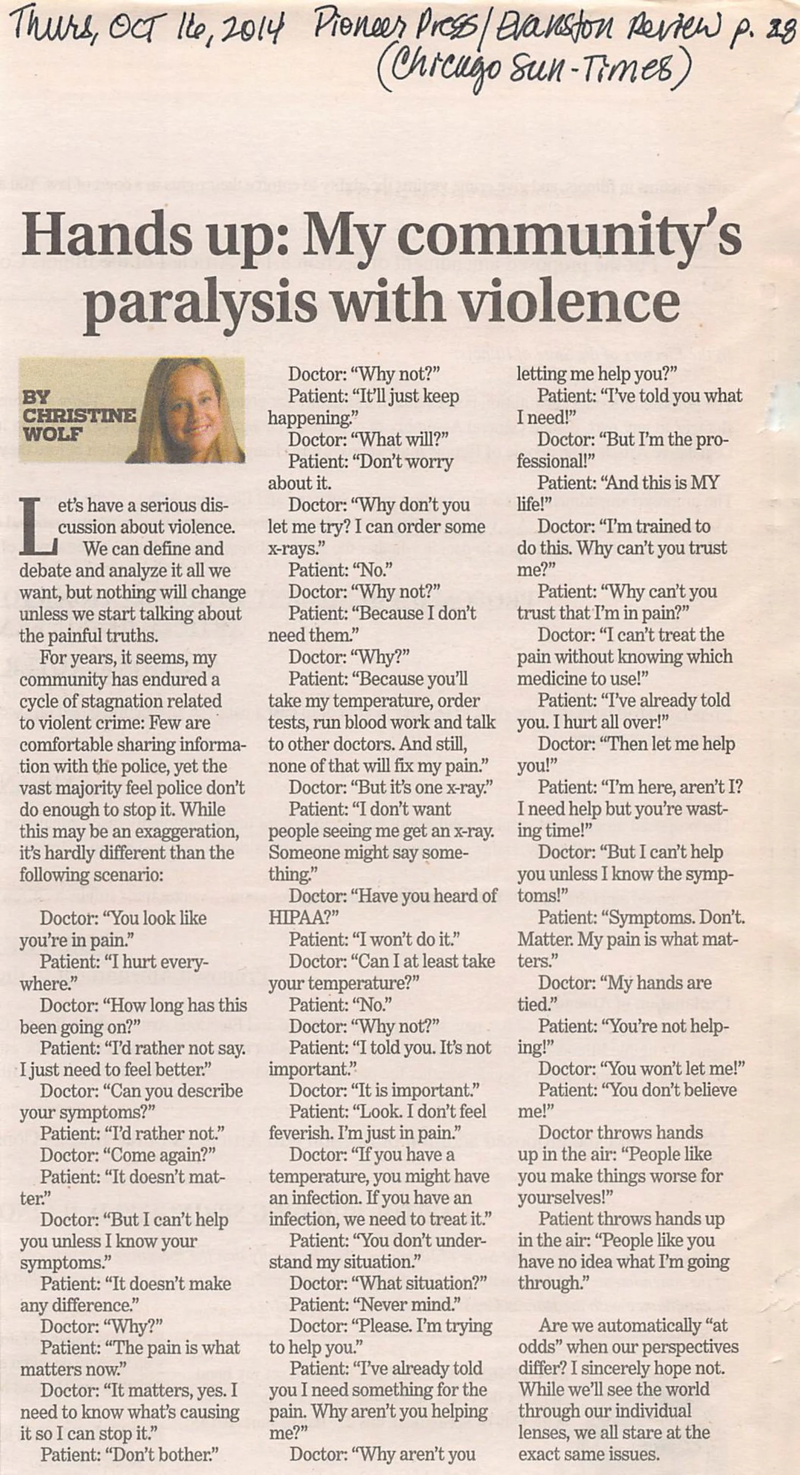 Newspaper column by memoir coach and former columnist Christine Wolf