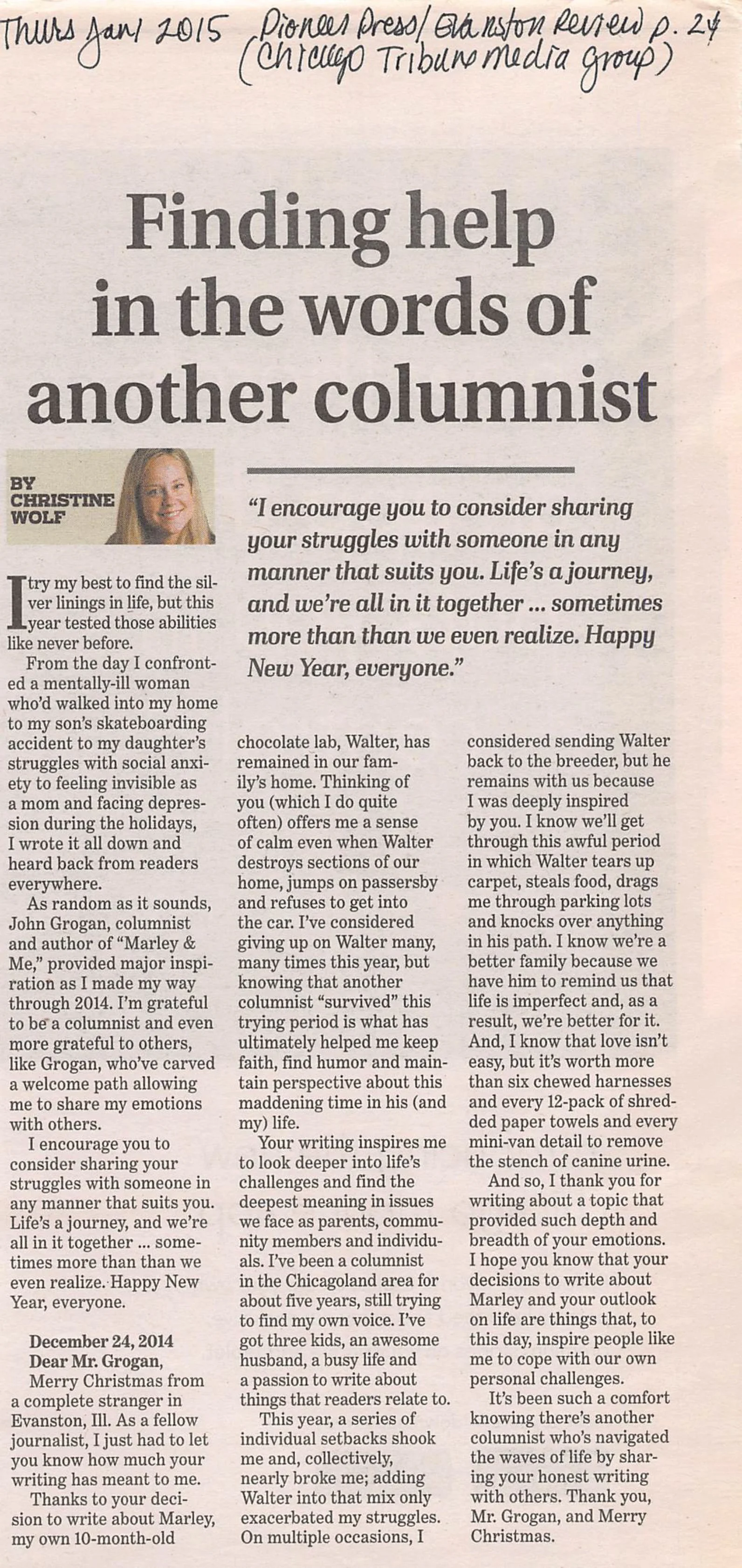Newspaper column by memoir coach and former columnist Christine Wolf