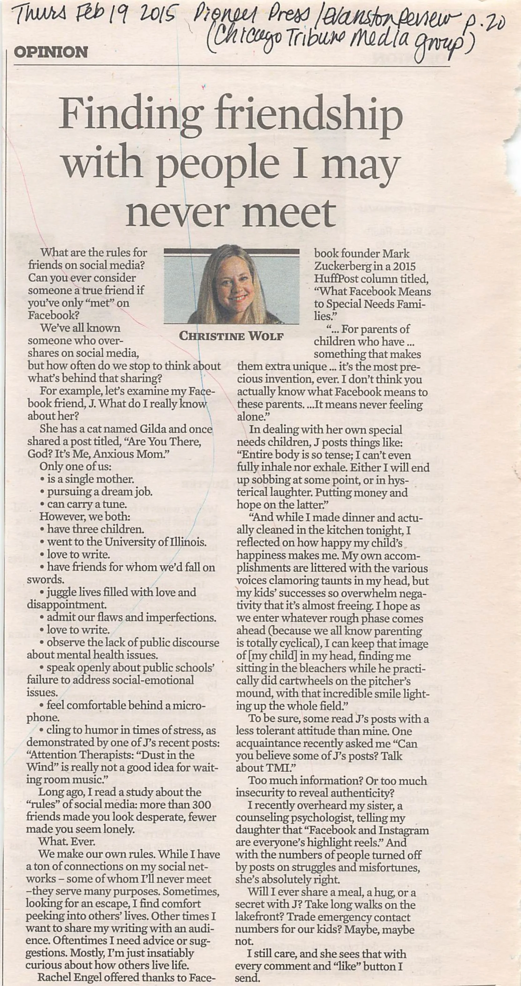 Newspaper column by memoir coach and former columnist Christine Wolf