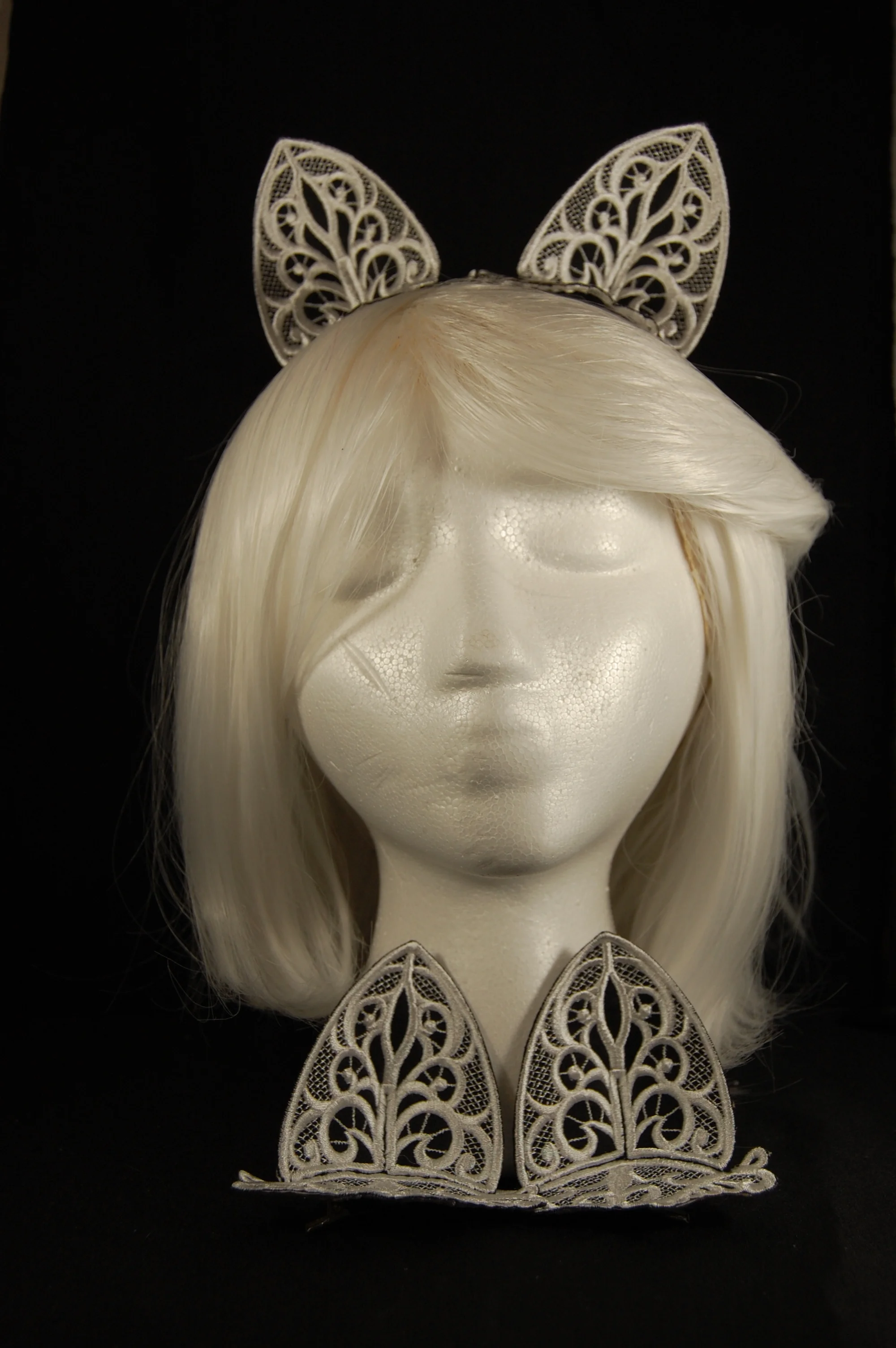 Lace Ears - White Thread on Black Fabric