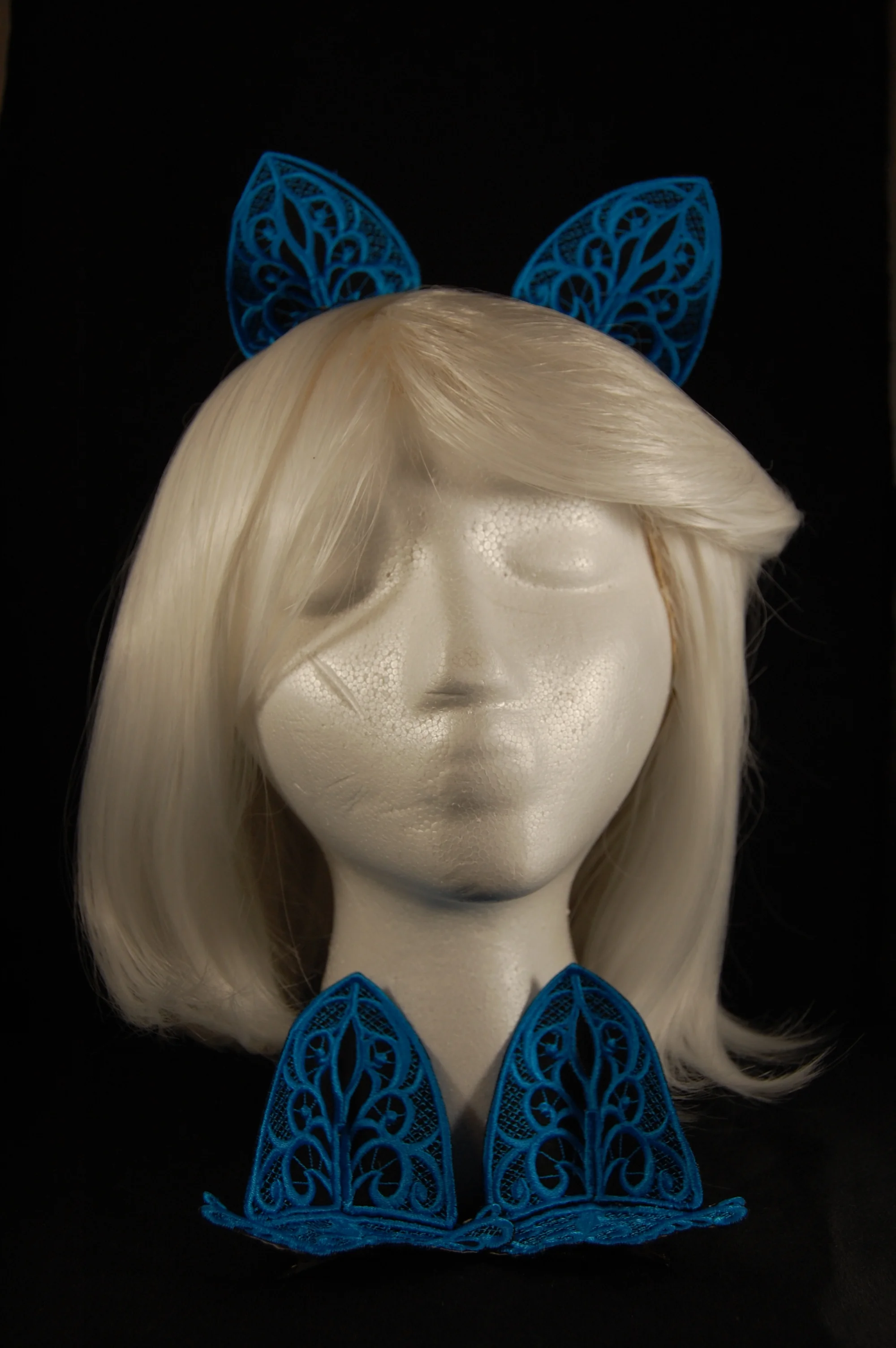 Lace Ears - Neutral Blue Thread on Black Fabric