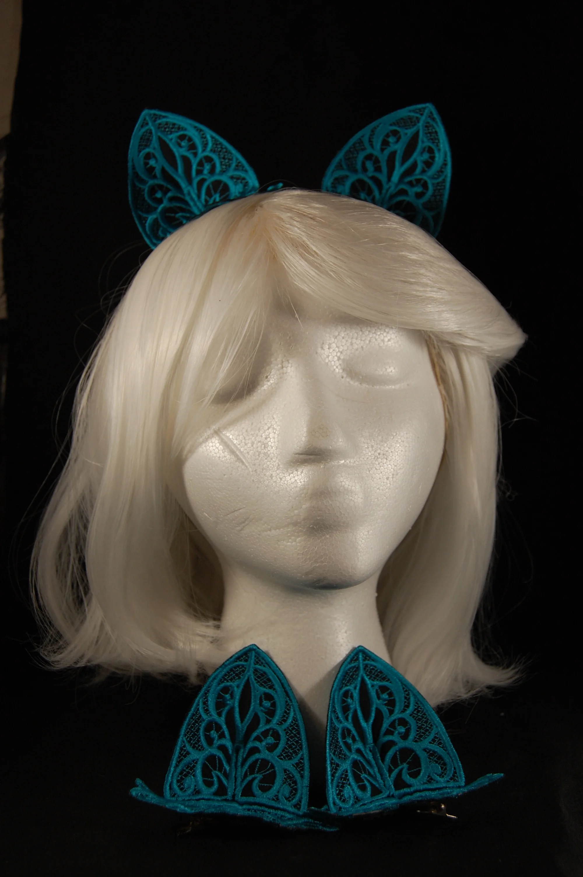 Lace Ears - Teal Thread on Black Fabric