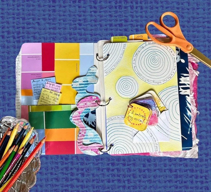 Join me for JoyfulCreative
Journaling!
When: Friday, April 4th, 1-4 pm
Where: Riverworks 
A fun and thoughtful afternoon of creative journaling! 
We’ll experiment with a variety of low-stress creative journaling techniques and materials that sp