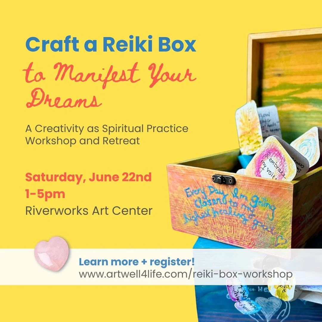 SATURDAY WORKSHOP RETREAT! 
🪬 Craft a Reiki Box to Manifest Your Dreams!
🌈 A Creativity as Spiritual Practice Workshop and Retreat
📎 Date: Saturday, June 22, 2024
📎 Time: 1-5pm
📎 Location: @riverworks_art_center
👉 Register today! LINK IN BI