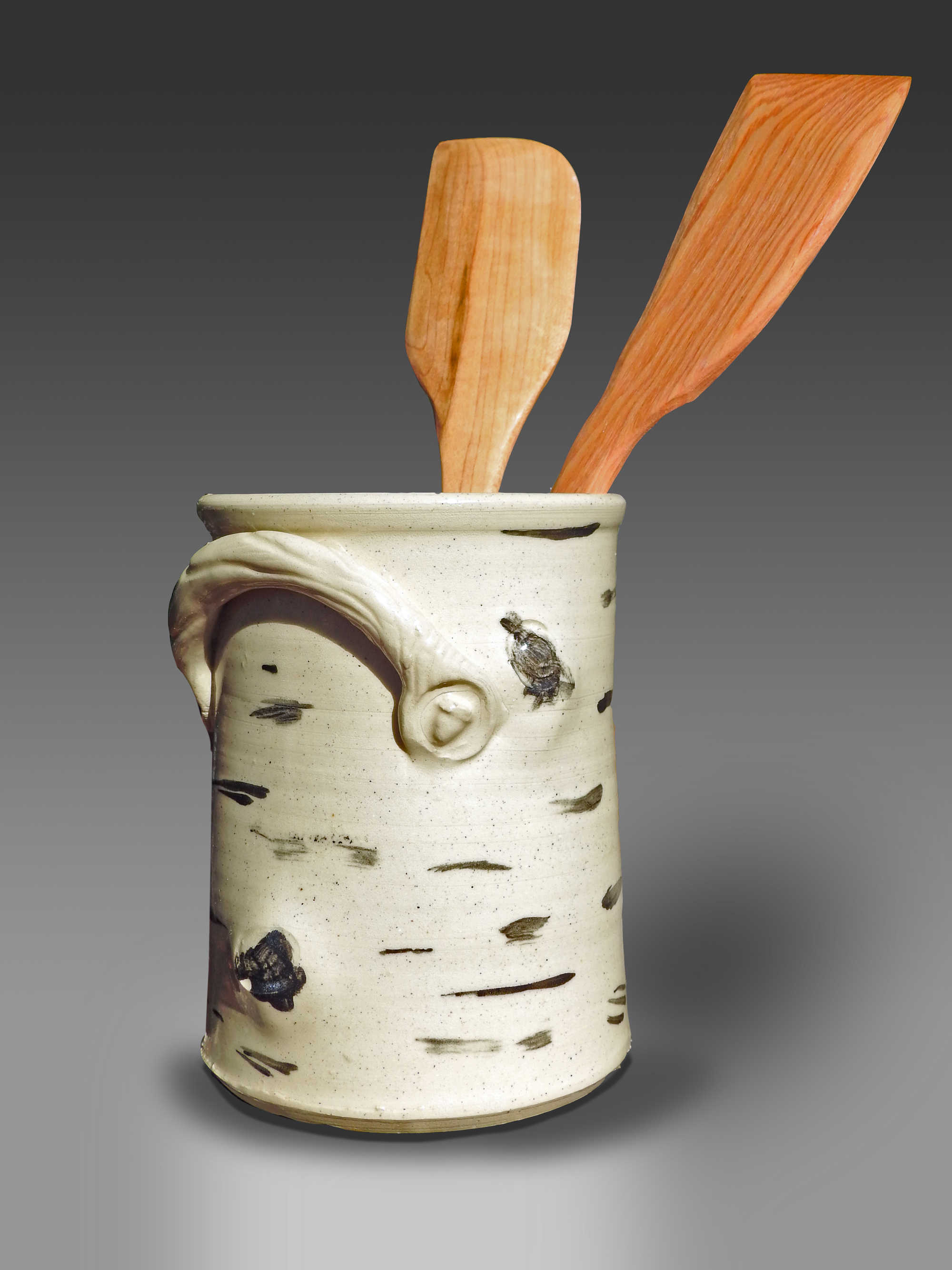 Nutfield Pottery Birch Line vase or utensil holder Handcrafted by Michael Gibbons of Nutfield Pottery White stoneware with black slip decoration, depicting New Hampshire’s state tree.