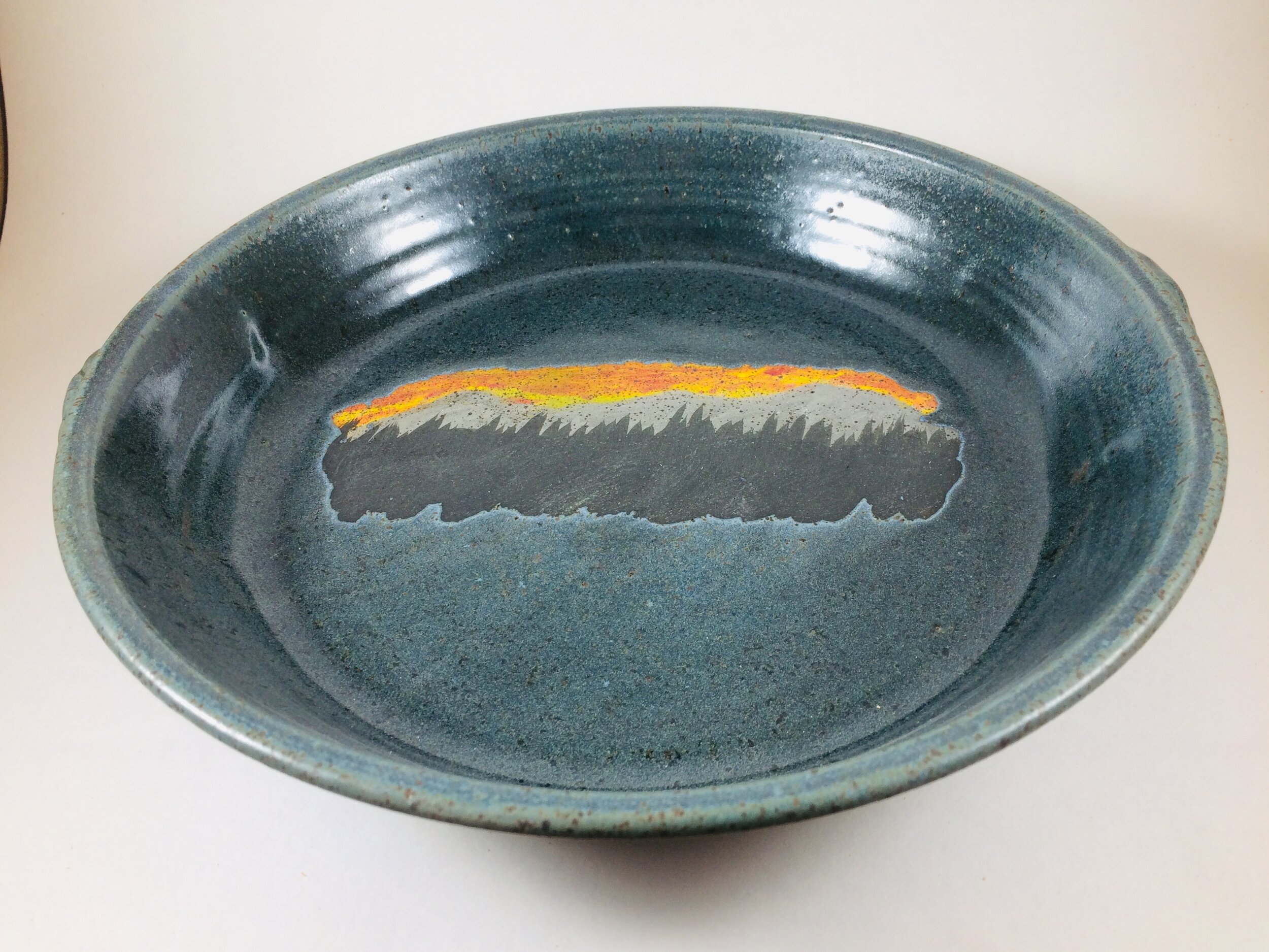 Mountain Pattern pie plate handcrafted by Michael Gibbons of Nutfield Pottery, Derry, NH, USA