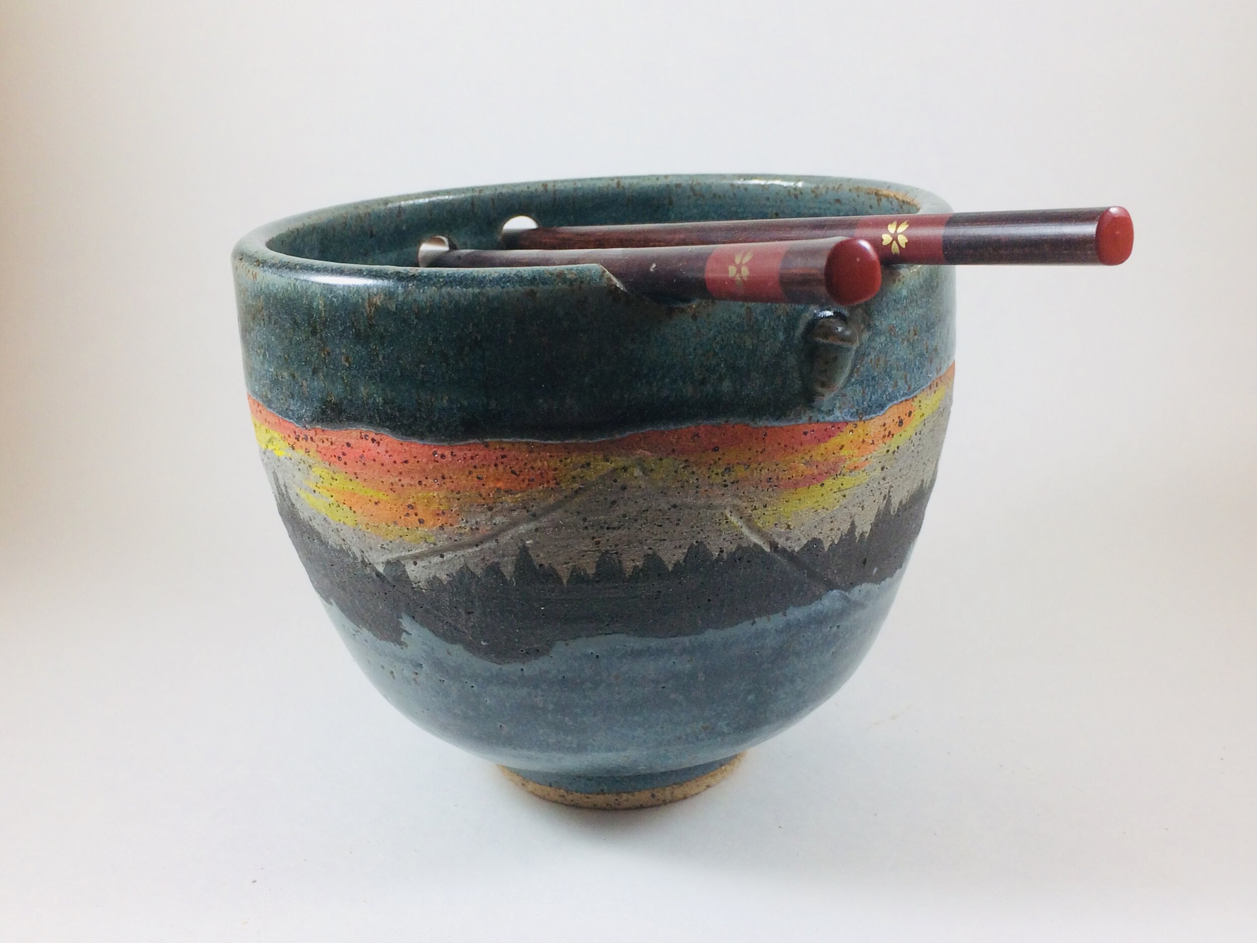 Mountain Pattern chopstick bowl handcrafted by Michael Gibbons of Nutfield Pottery, Derry, NH, USA