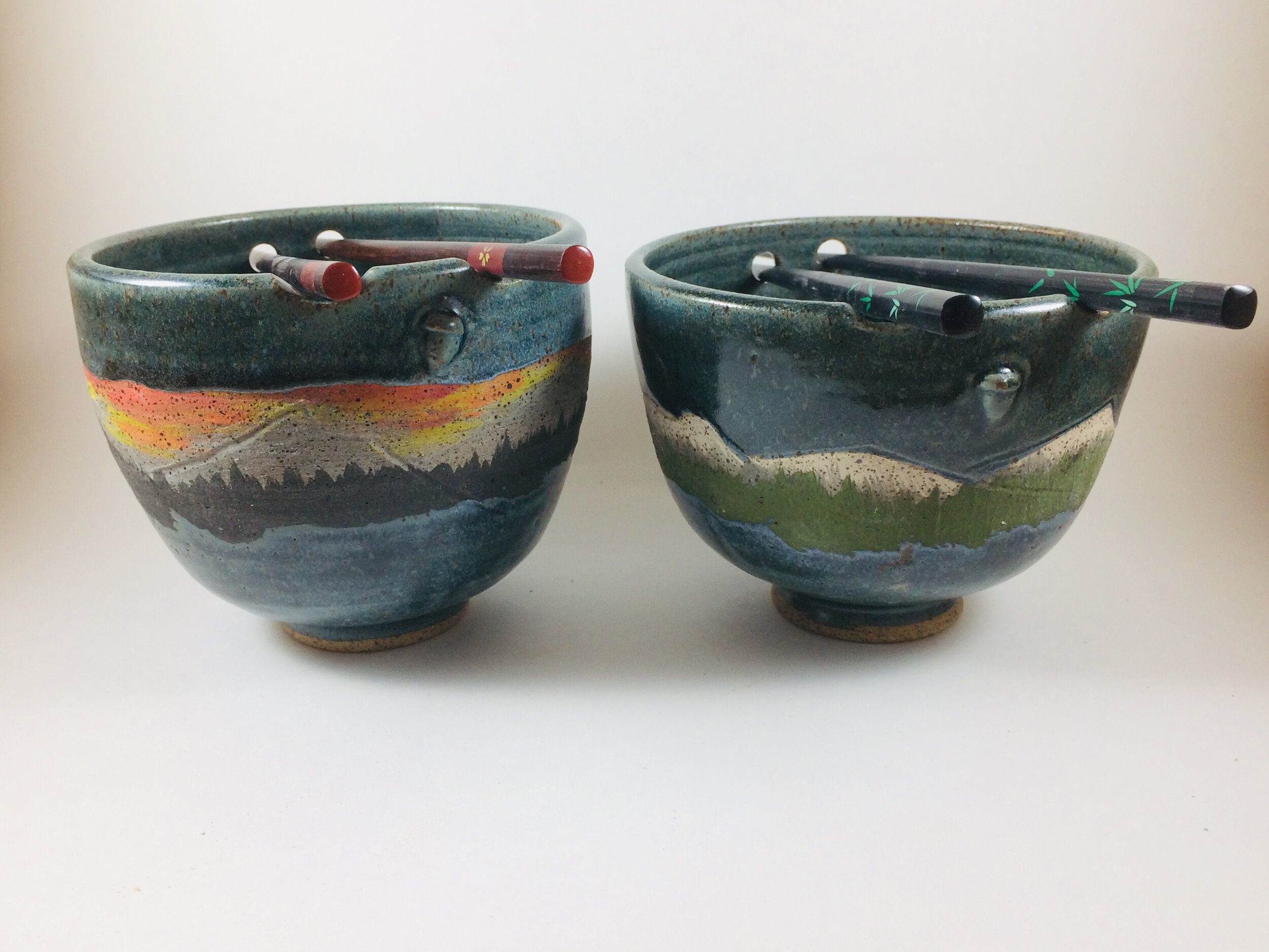 Mountain Pattern bowls handcrafted by Michael Gibbons of Nutfield Pottery, Derry, NH, USA