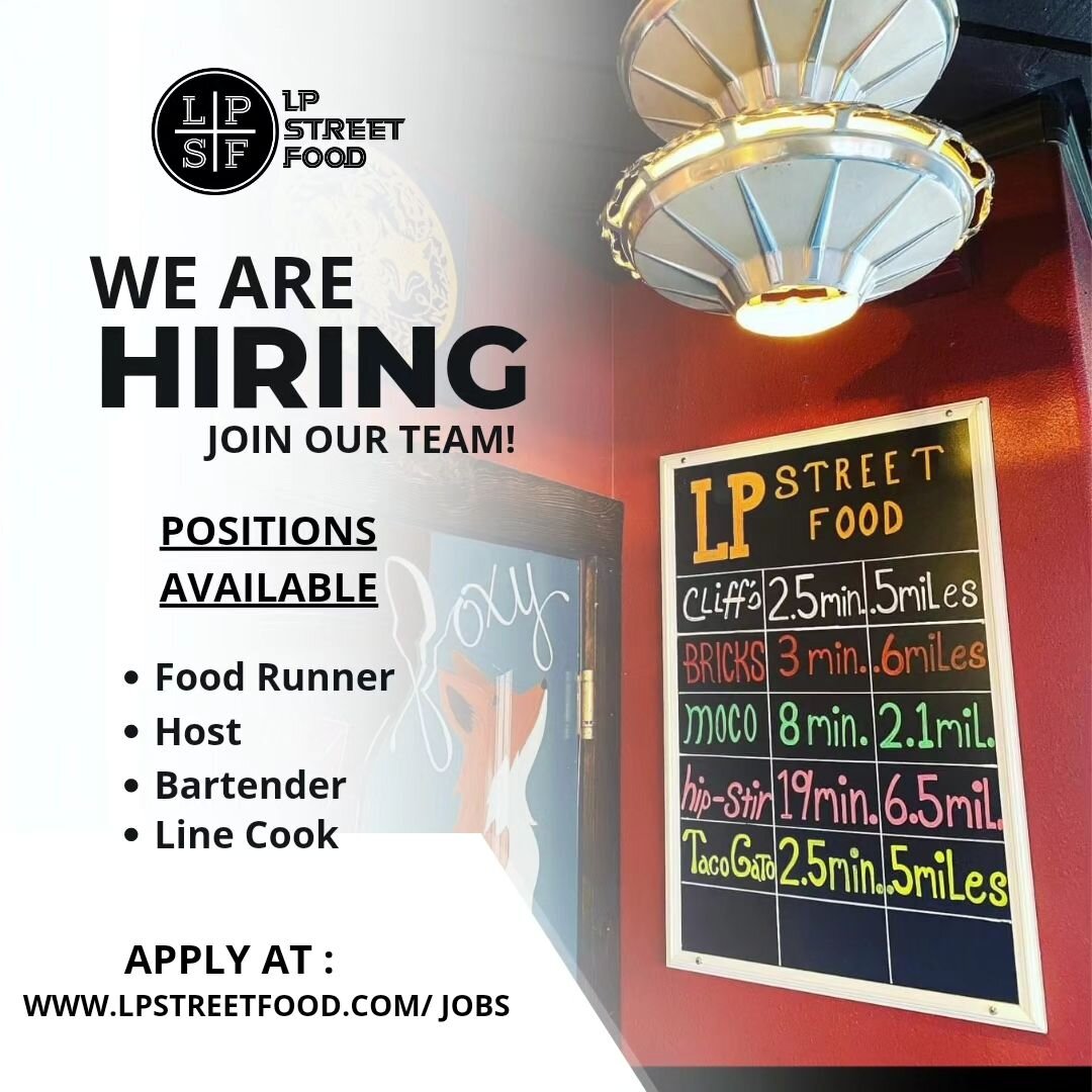 Summer positions we are still hiring for are
-Food Runner/Expo
-Host 
-Bartender
-Line Cook

🍻🍴🍻🍴🍻🍴🍻 
Please visit www.lpstreetfood.com/jobs to apply !
