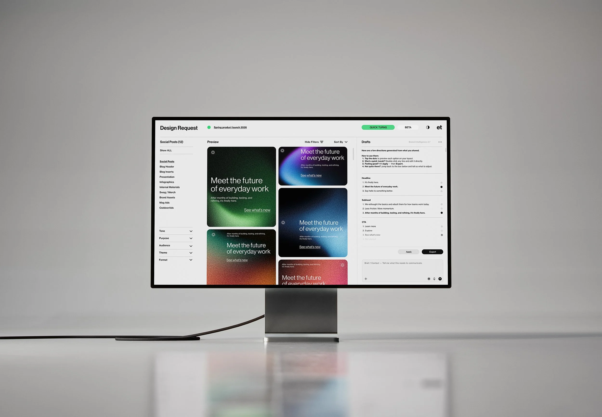 Design Request interface by eisuke.design — desktop view of template library for quick-turn design projects.