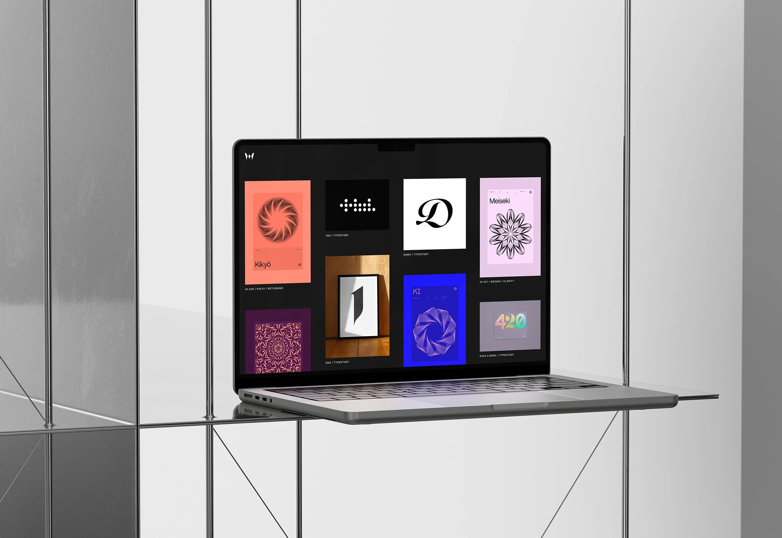 Waterfall Creatives portfolio display — showcasing brand systems and typographic design work by Eisuke Taki.