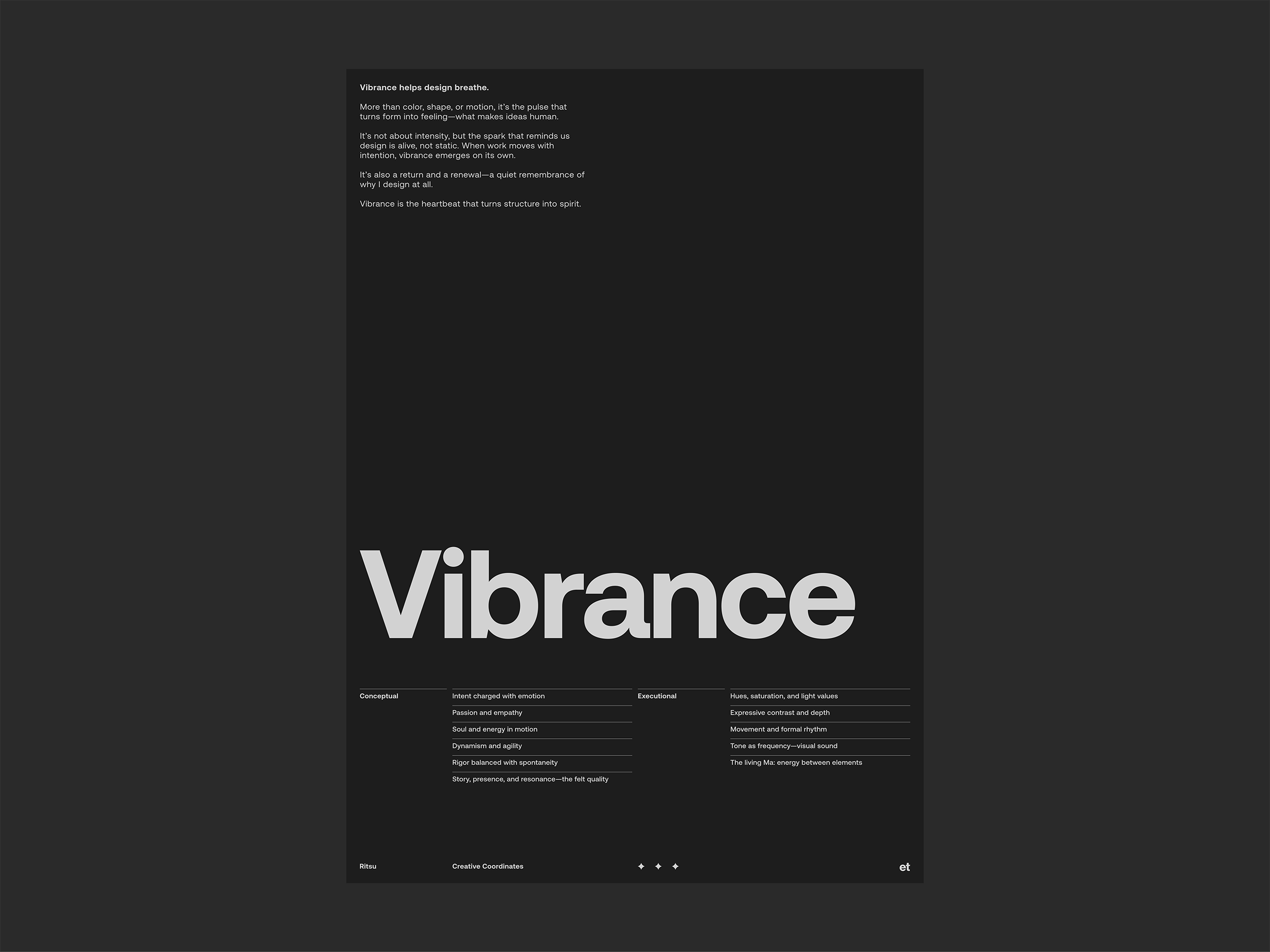 Ritsu Vibrance poster by eisuke.design — the third coordinate: the pulse that turns form into feeling, structure into spirit.